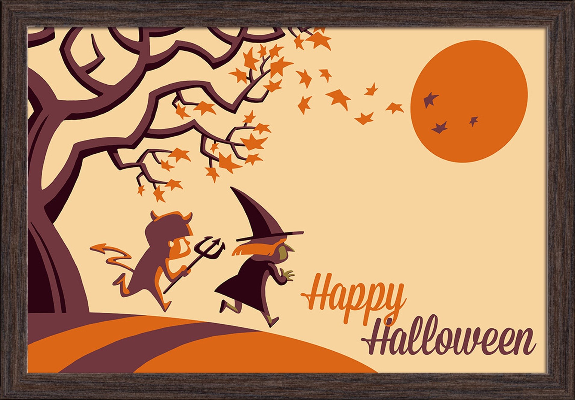Retro Halloween Fall Tree Art Print - 16x24 Giclee Fine Art with Recycled Wood Frame in Espresso Brown - Perfect for Halloween Decor, Seasonal Home Decor & Gift Giving