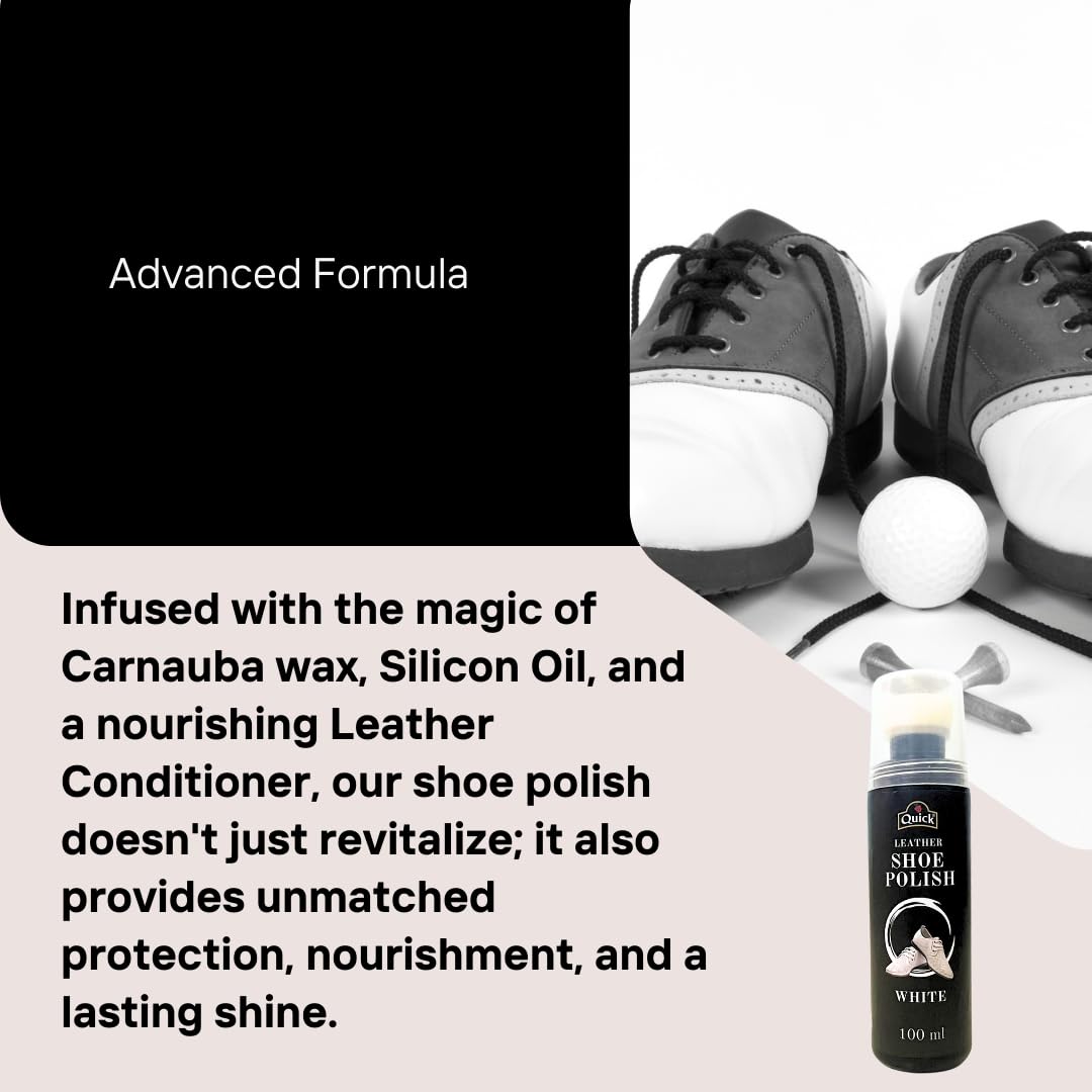Premium White Quick Liquid Shoe Polish (100ml) with Carnauba Wax & Silicone Oil - Leather Conditioner & Shoe Shiner Kit - Perfect for Dress Shoes, Boots & Leather Accessories Care