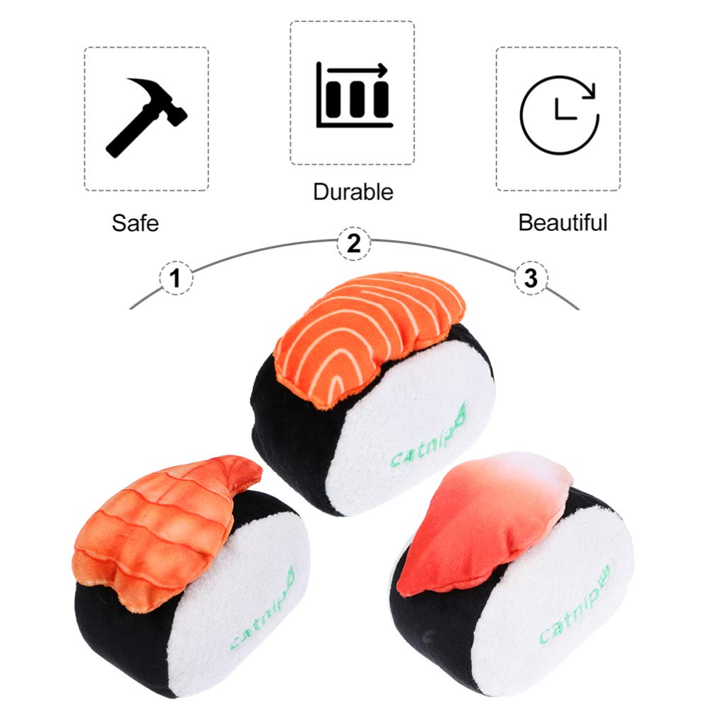 UKCOCO Interactive Kitten Plush Toys - 3PCS Sushi-Shaped Cat Chew Toys with Crinkle, Squeaky & Rattle Sounds - Soft Teething Toys for Indoor Cats - Perfect for Playtime, Training & Stress Relief