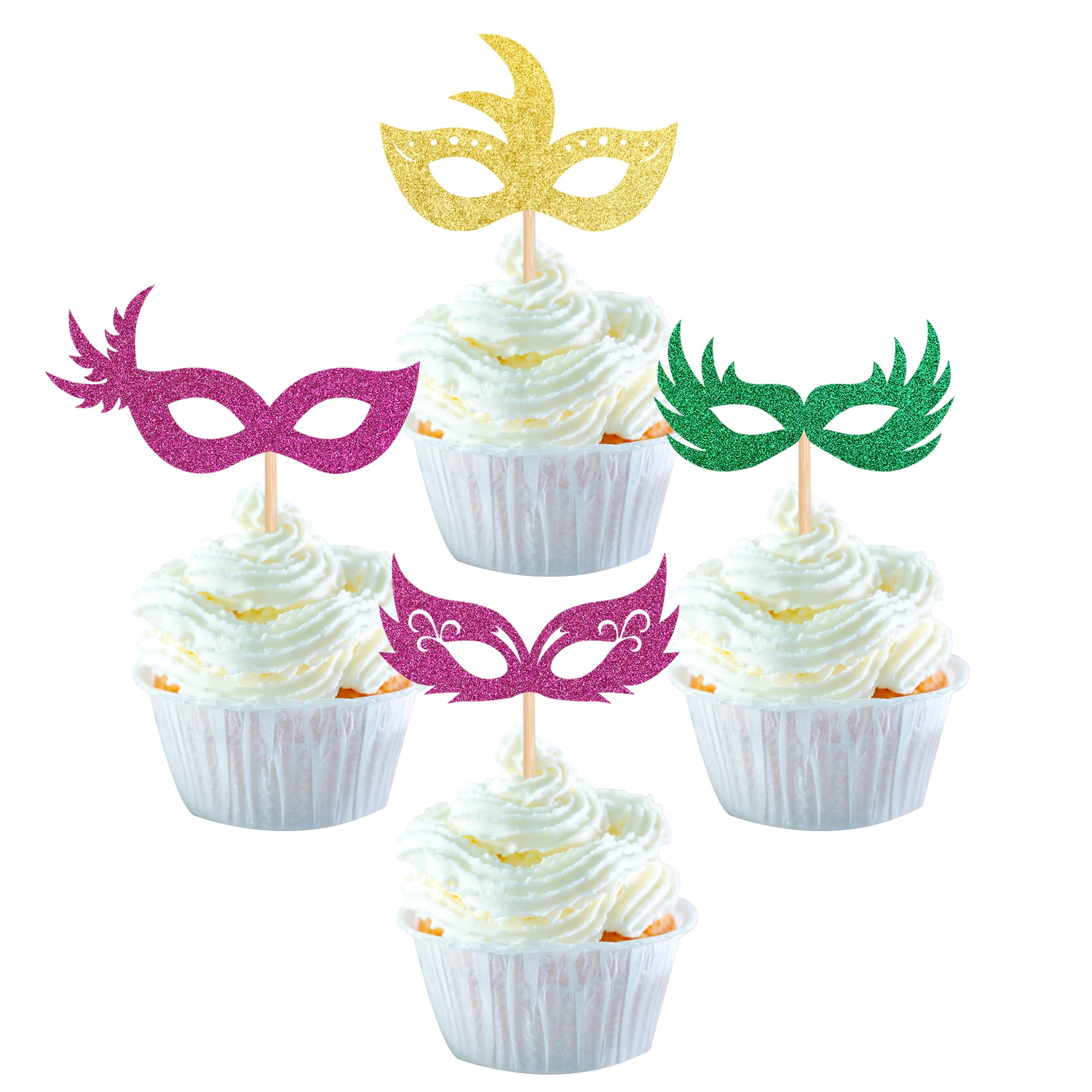 24 Pack Glitter Masquerade Masks Cupcake Toppers - Colorful Bachelorette Party Decorations for Mardi Gras, Baby Shower & Birthday Celebrations - Perfect for Cake Decor, Dessert Displays & Themed Events