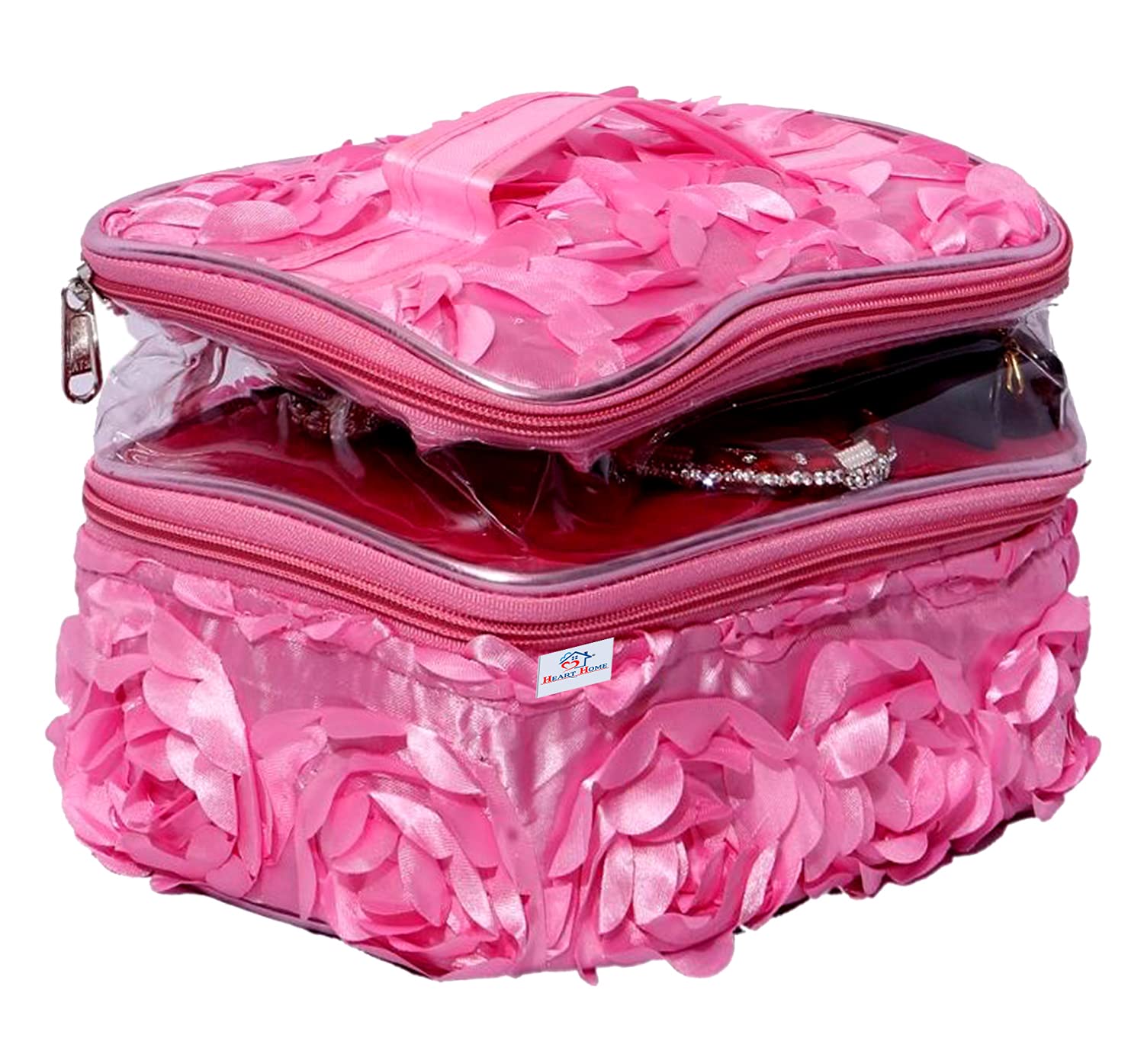 Kuber Industries Double Layer Cosmetic Bag with Floral Design - Travel Makeup Organizer for Toiletries & Cosmetics (Pack of 2, Pink) - Perfect for Travel, Gym, and Daily Beauty Storage