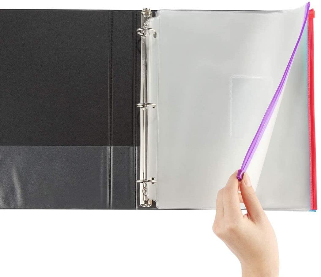 YoeeJob 8 Pack Clear 3-Hole Zipper Binder Pockets with Card Slots - Plastic Document Organizer Sheets for School, Office & Business - Perfect for Filing Papers, Receipts & Important Documents