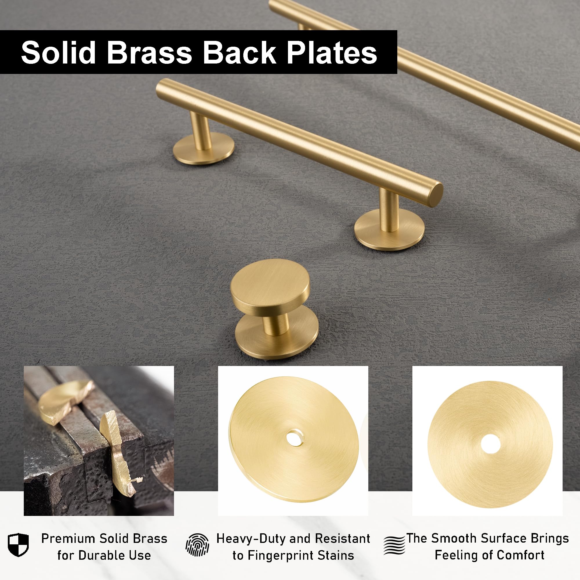 QOGRISUN 10-Pack Solid Brass Cabinet Knobs Back Plates - 1.25 Inch Diameter Rounded Ring Pulls - Brushed Brass Finish Cabinet Hardware for Kitchen, Bathroom & Furniture Upgrade