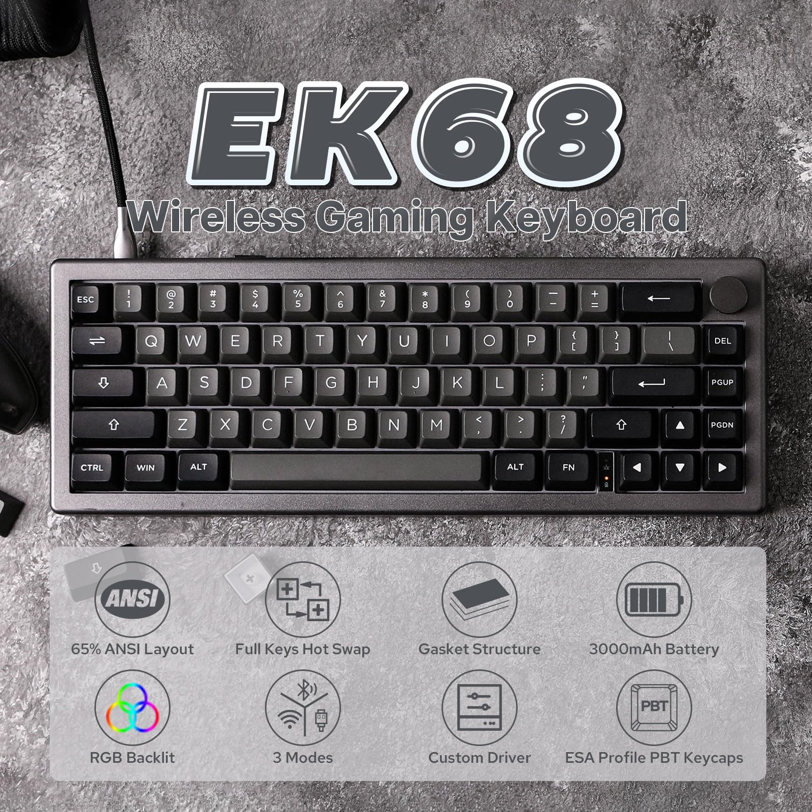 EPOMAKER EK68 65% Wireless Mechanical Gaming Keyboard - Hot Swappable Gasket Mount, Bluetooth 5.0/2.4Ghz/USB-C Wired, Customizable Metal Knob (Black Silver, Budgerigar Switch) - Perfect for Esports, Office Work & Typing Enthusiasts