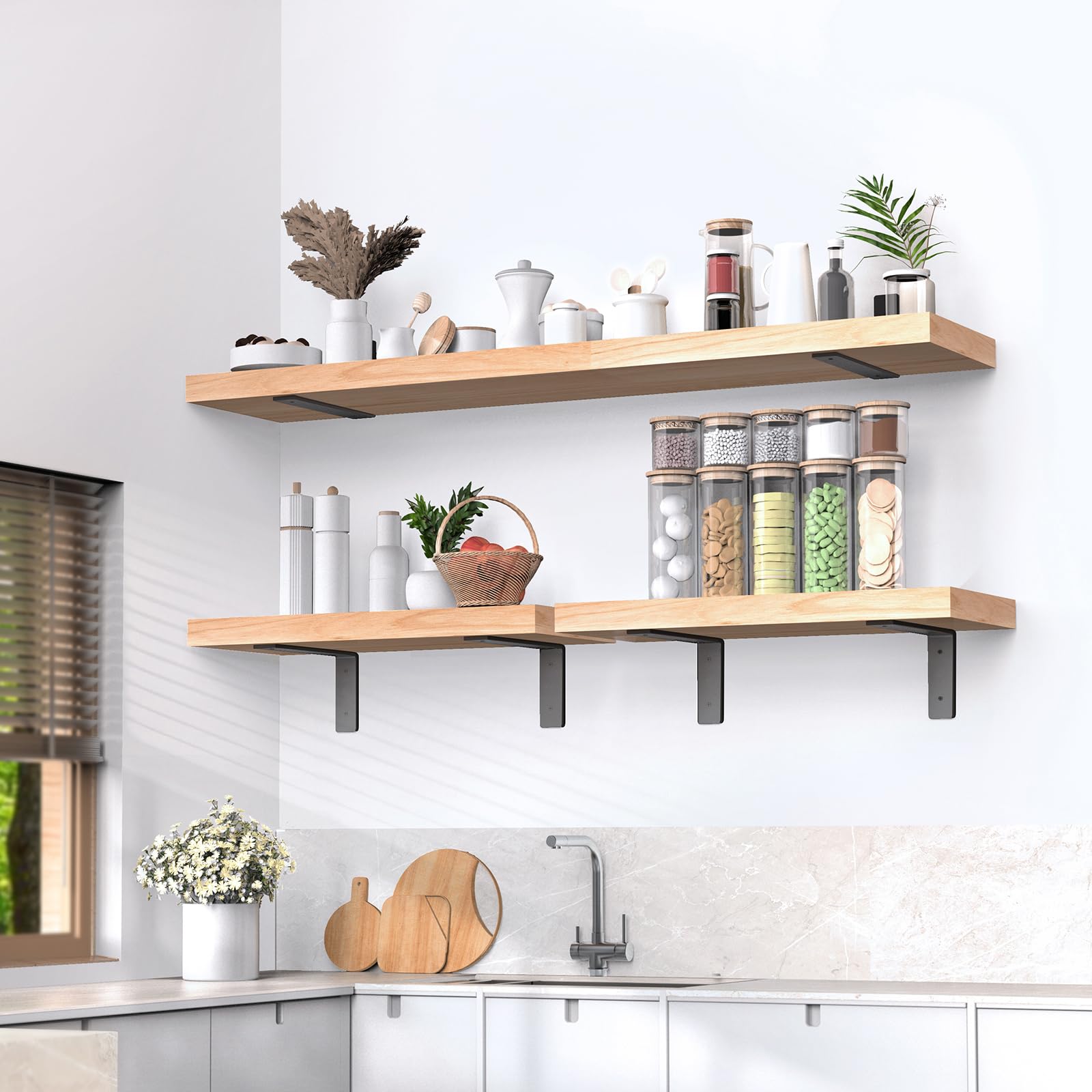 Heavy Duty 8 Inch Shelf Brackets (6 Pack) - Rustic L-Shaped Floating Shelf Brackets for Wall Mounting - DIY Home Decor with Mounting Hardware - Perfect for Living Room, Kitchen & Bathroom Storage