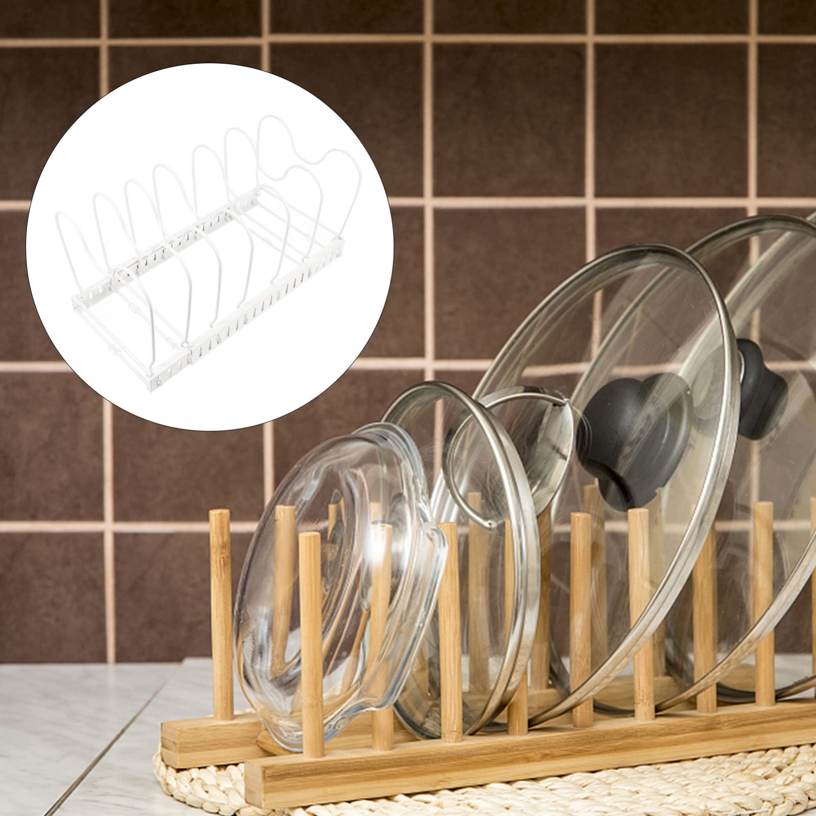 Angoily Expandable Metal Pot Lid Organizer - Adjustable Kitchen Storage Rack for Pan Lids, Cutting Boards & Bakeware - Space Saving White Holder for Stovetop, Countertop & Cabinet Organization (Perfect for Small Kitchens & Apartment Cooking)