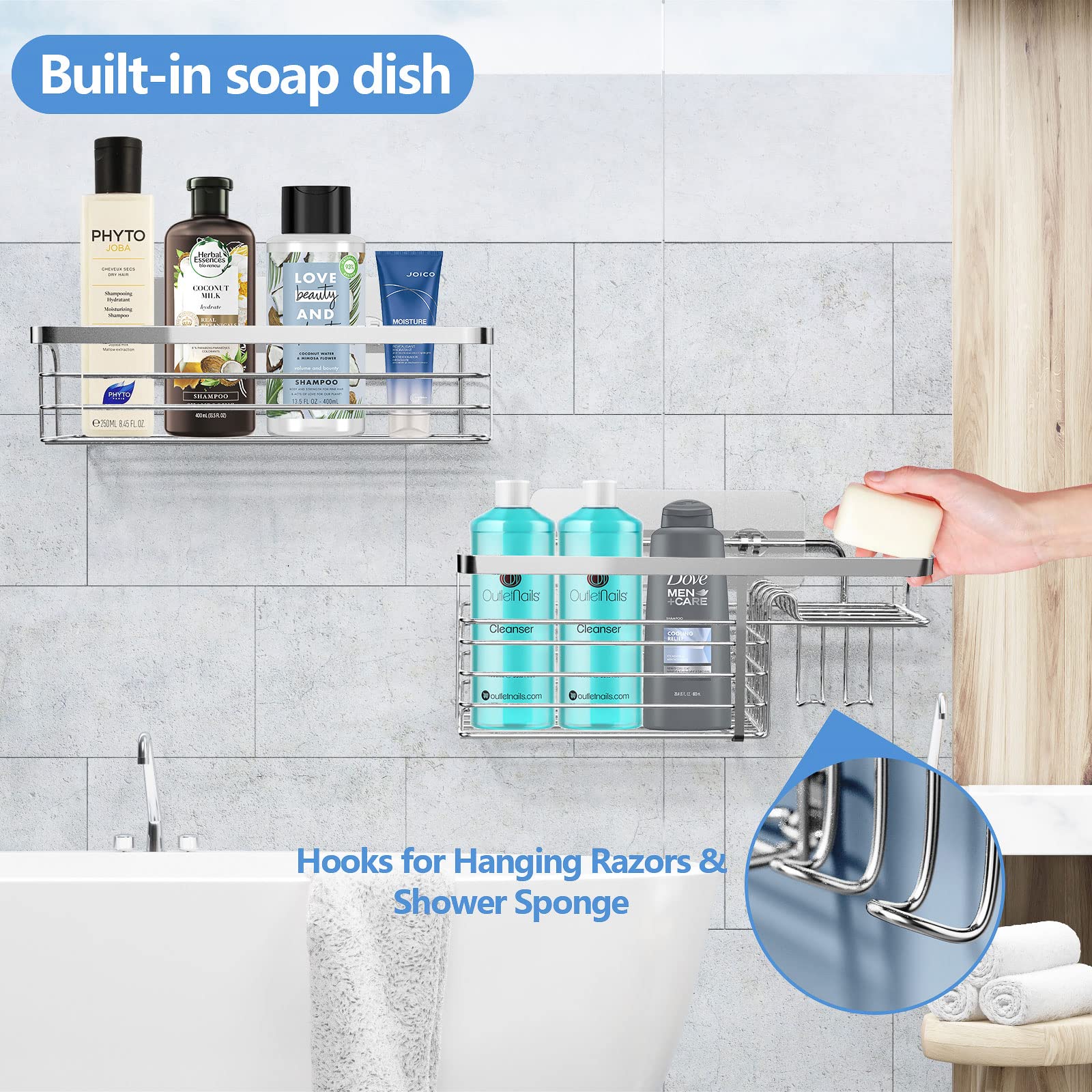 Stainless Steel Shower Caddy 2-Pack - No Drill Adhesive Bathroom Organizer Shelf for Shampoo, Conditioner & Toiletries - Silver Shower Storage Rack - Perfect for Small Bathrooms & Apartment Showers