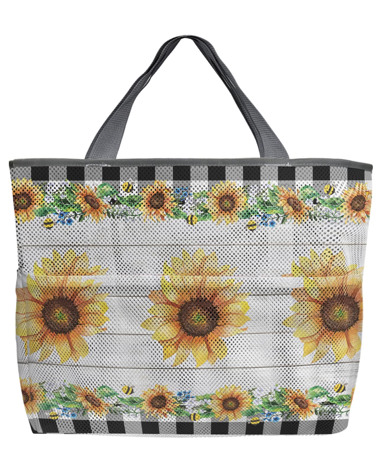 Large 60L Mesh Beach Tote Bag - Farmhouse Style with Bee & Sunflower Design, Black Buffalo Check & Wood Grain Pattern - Foldable Lightweight Swim Bag with Pockets (24x18x8 inches) - Perfect for Beach, Pool, Grocery Shopping & Toy Storage