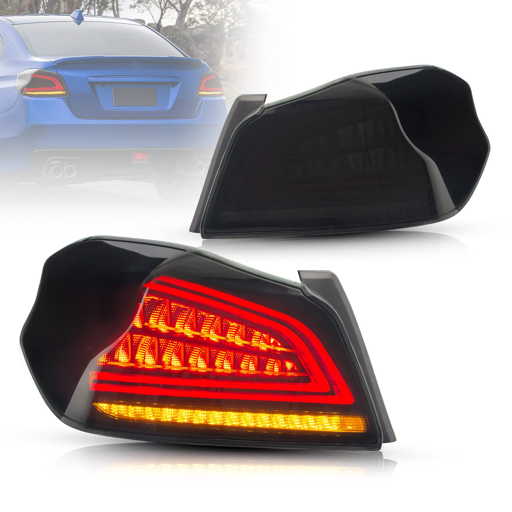 VLAND LED Smoked Tail Lights for Subaru WRX & WRX STI 2015-2021 - Sequential Turn Signal Rear Lamps Assembly (YAB-WRX-0286S) - Driver & Passenger Side Set - Upgrade Your Ride for Night Driving & Car Shows