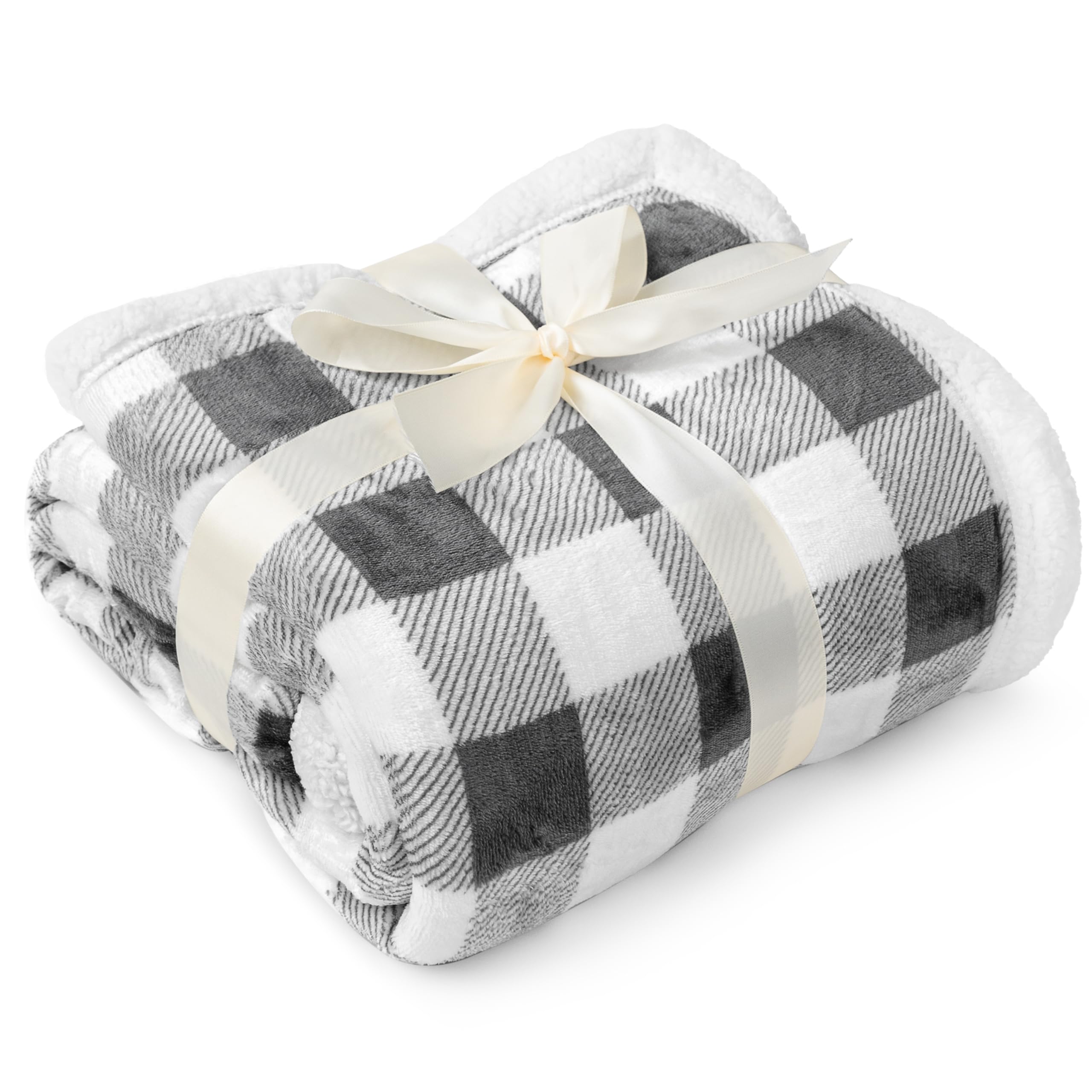 PAVILIA Light Grey Buffalo Plaid Sherpa Throw Blanket - 50x60 Inches Ultra Soft Fleece Blanket for Couch, Bed & Winter Warmth - Cozy Checkered Flannel Blanket Perfect for Living Room, Sofa, Gift Giving & Cold Weather Snuggling