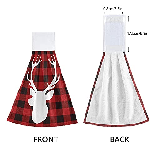 Christmas Lumberjack Deer Kitchen Towels - Red Buffalo Plaid Hanging Hand Towel Set of 2 - Soft Absorbent Coral Velvet for Bathroom, Dish Drying & Oven Handle - Perfect for Holiday Decor & Farmhouse Kitchen Decor