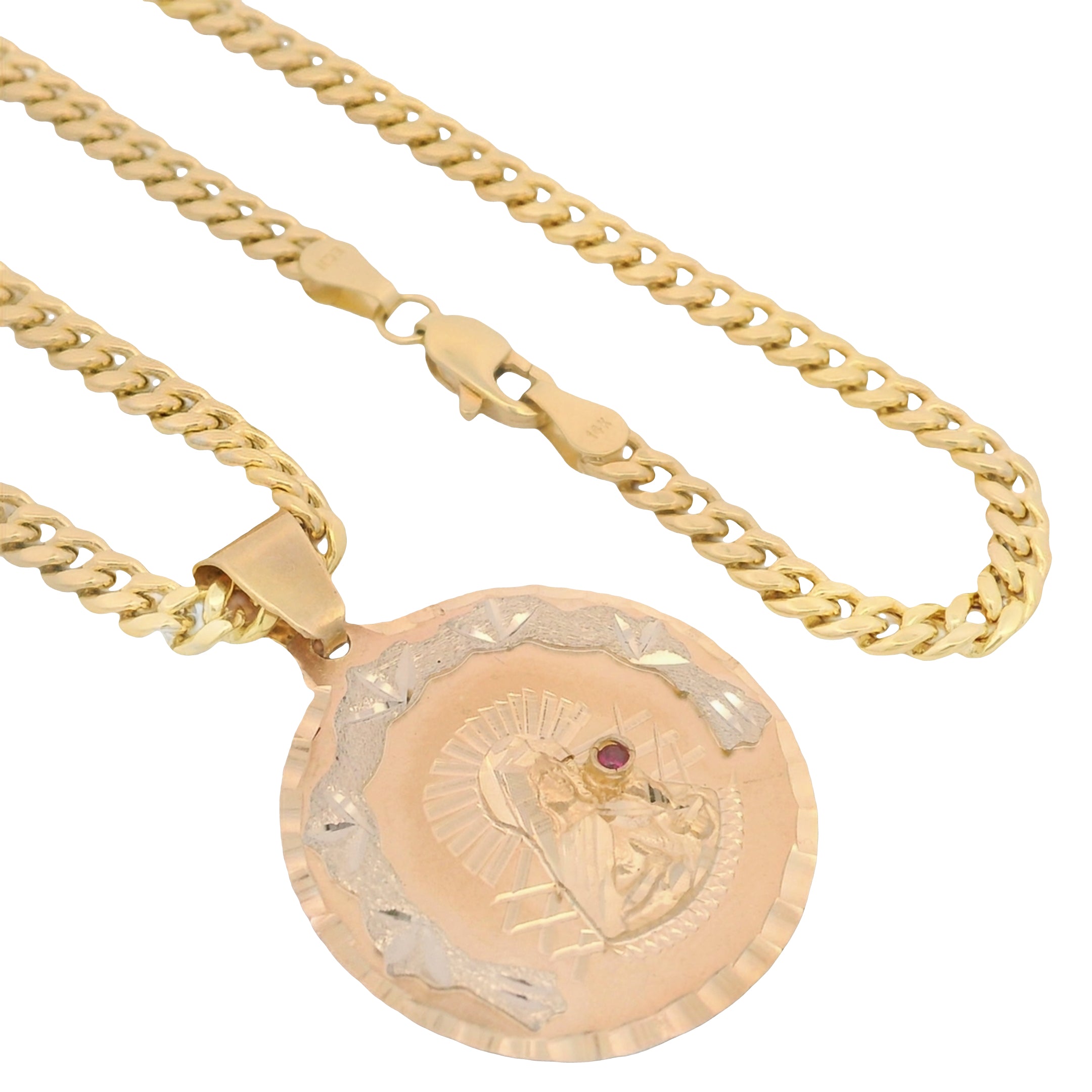 14K Gold Virgin Mary Pendant with Miami Cuban Chain (3.8mm, 26 Inches) - Religious Jewelry for Women & Men - Perfect for Gifts, Baptism, First Communion & Everyday Wear