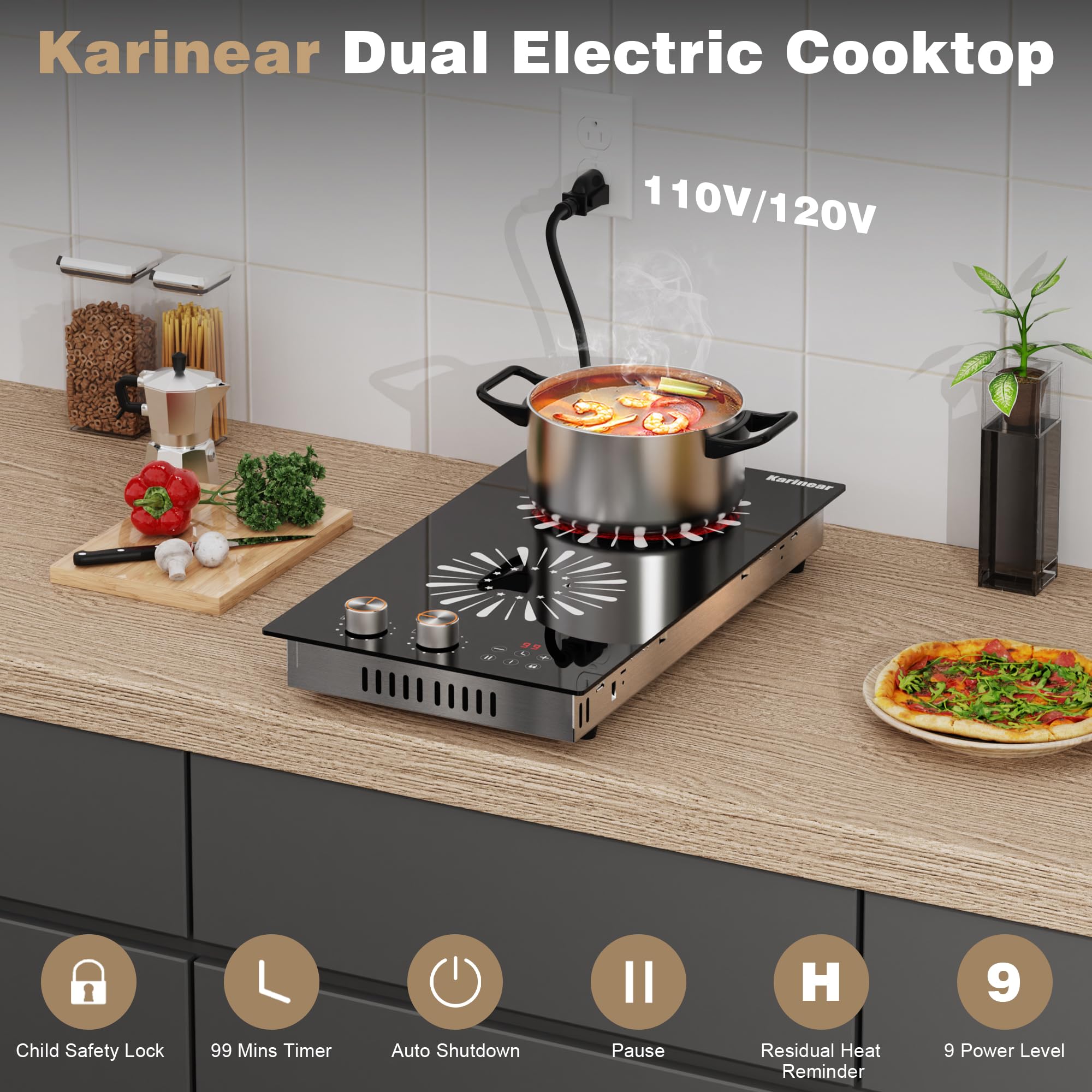 Karinear 12 Inch 110V Electric Cooktop with 2 Burners - Plug-in Countertop & Built-in Ceramic Stove Top, Knob & Touch Sensor Control, Multi-Functional Radiant Stove for Kitchen, RV, Dorm & Small Spaces