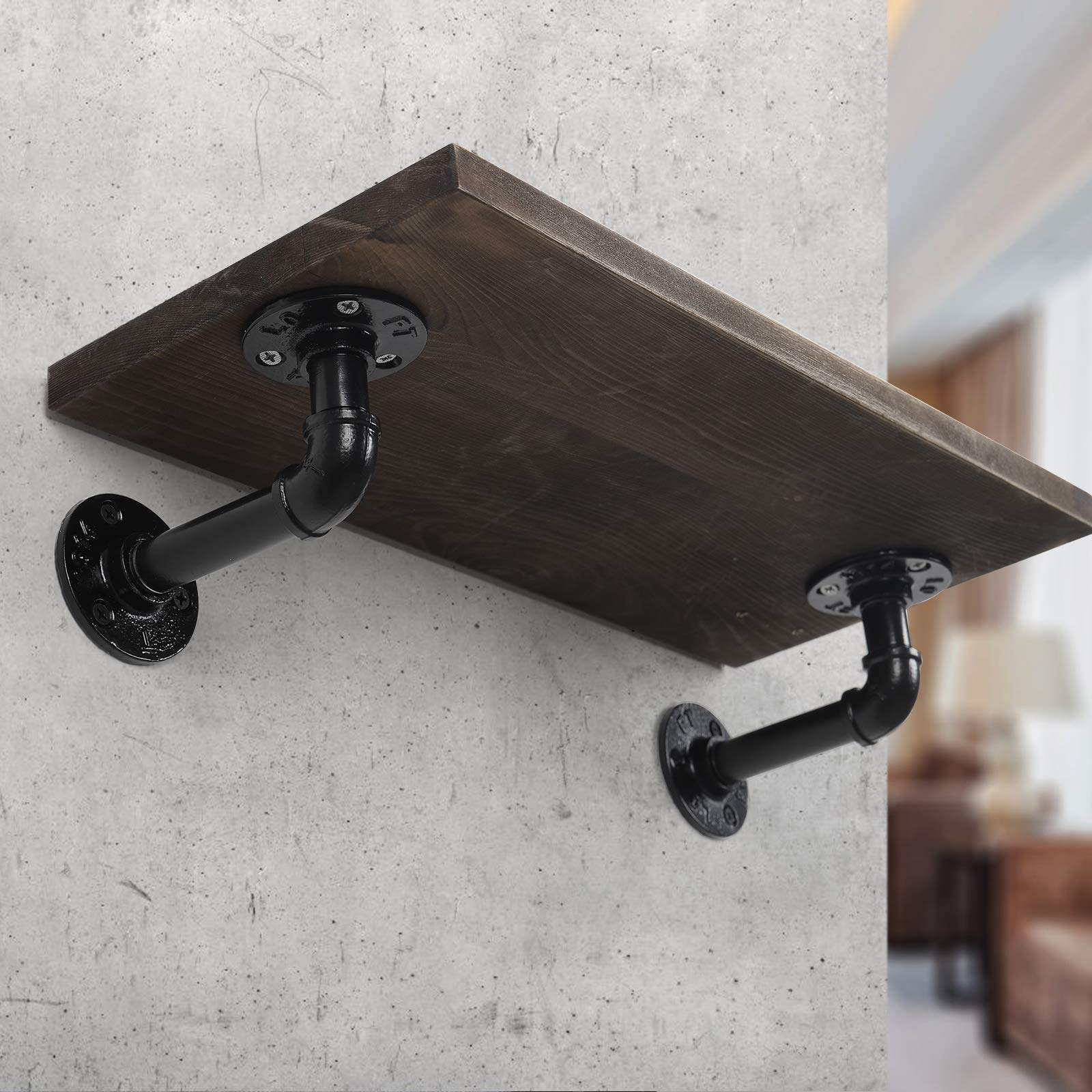 MOOACE 4 Pack Black Industrial Pipe Shelf Brackets - Heavy Duty Rustic Iron Floating Shelves Support for DIY Wall Mount - Perfect for Home Office, Living Room, Kitchen & Bathroom Storage Organization
