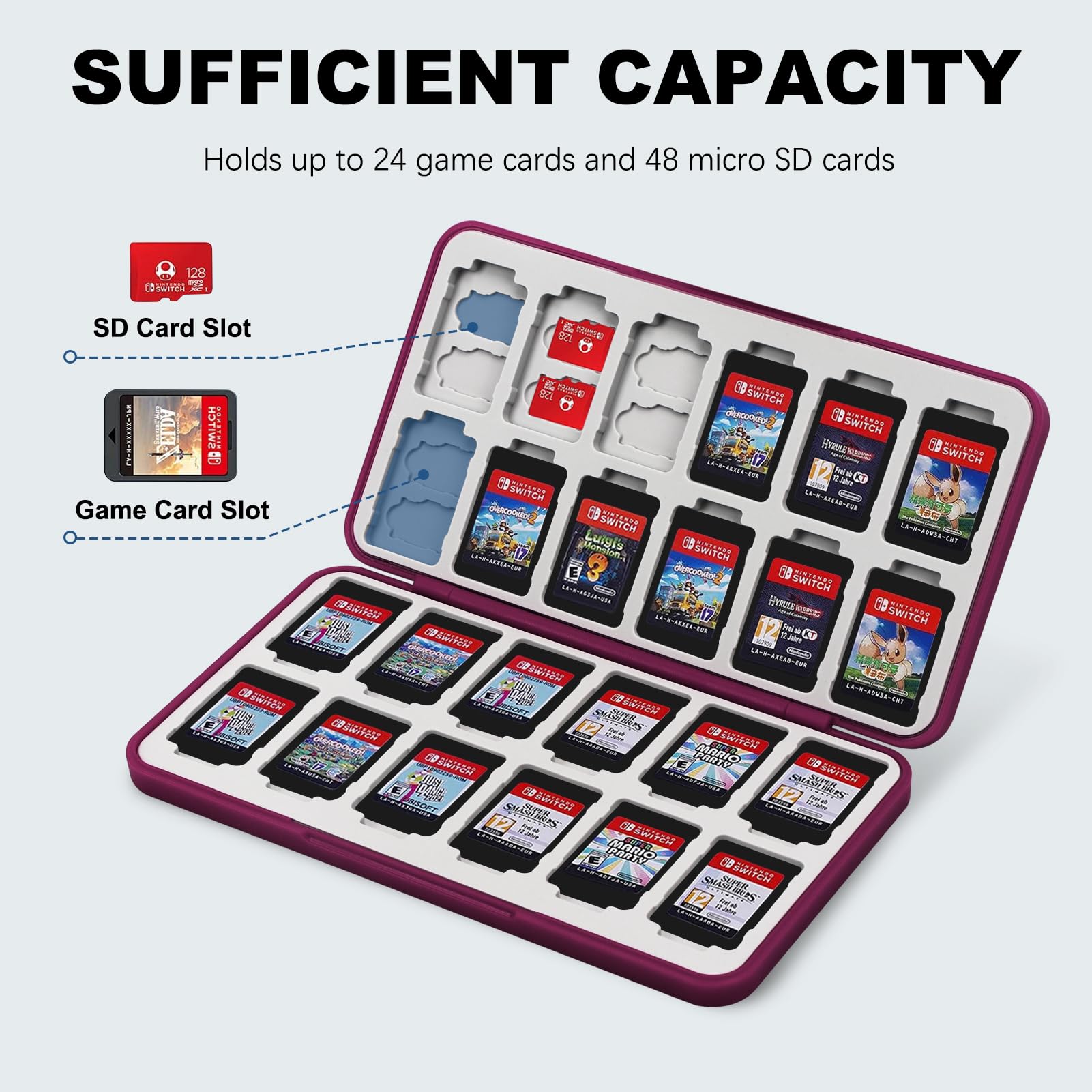 FYY Nintendo Switch Game Case - 24 Card Slots Hard Shell Cartridge Holder with Silicone Lining for Switch Games (Wine Red) - Perfect for Travel, Storage & Organizing Switch Game Collection