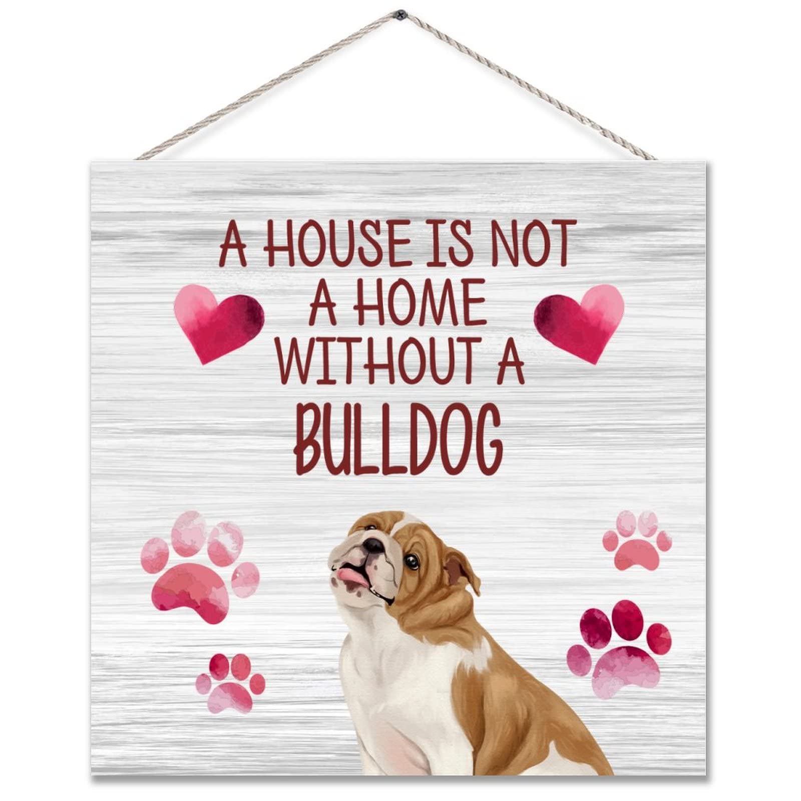 ENEDNATE Bulldog Wood Sign - Rustic Hanging Plaque 12x12 - Perfect for Pet Lovers Home Decor