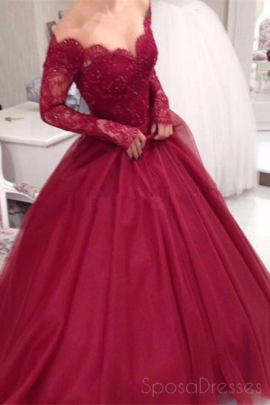 Elegant Off Shoulder Dark Red Long Sleeve Lace A-Line Evening Gown - Formal Prom Dress for Women | Perfect for Homecoming, Cocktail Parties & Special Occasions