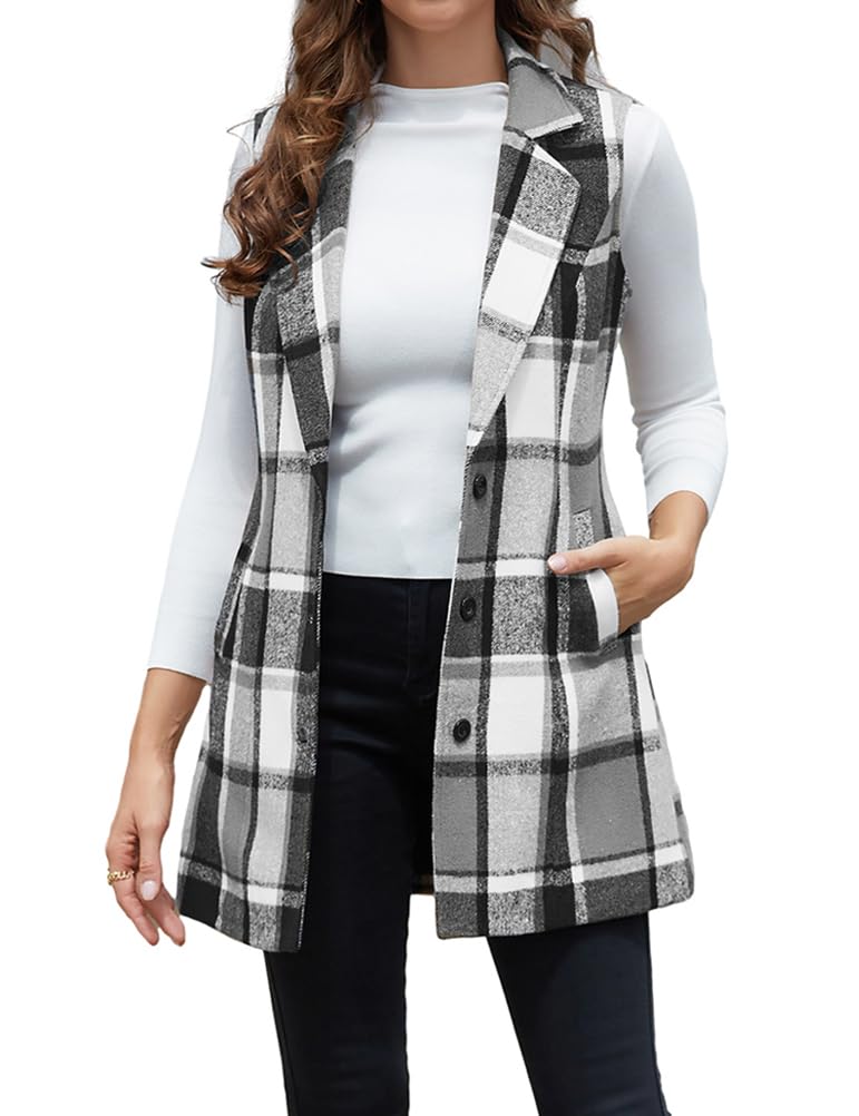 IDEALSANXUN Women's Plaid Vest - Fall Winter Sleeveless Blazer Jacket for Office, Casual, and Outdoor Wear