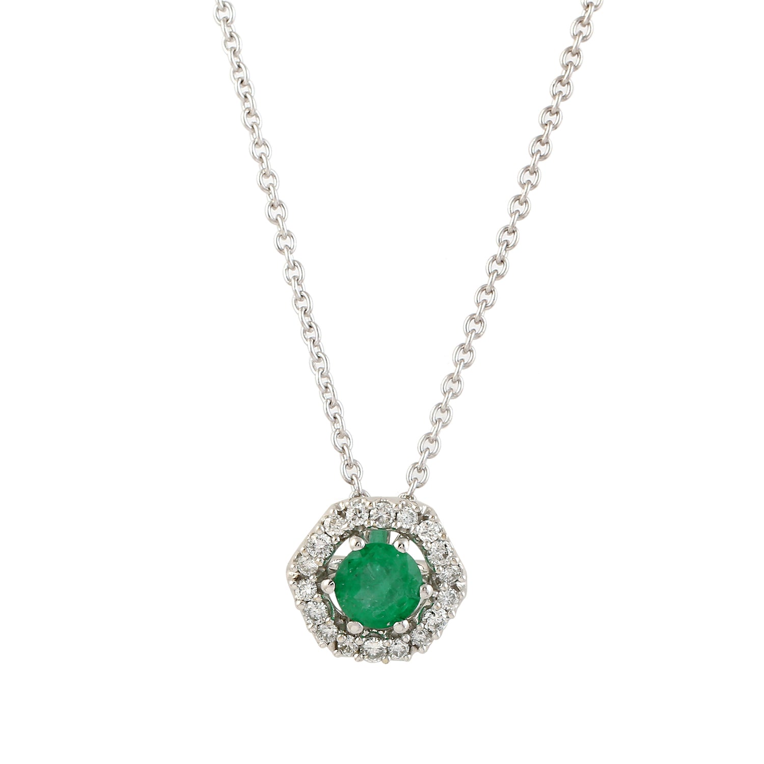 14K White Gold Emerald Pave Diamond Halo Pendant Necklace for Women - Elegant Jewelry Gift for Anniversary, Birthday & Special Occasions