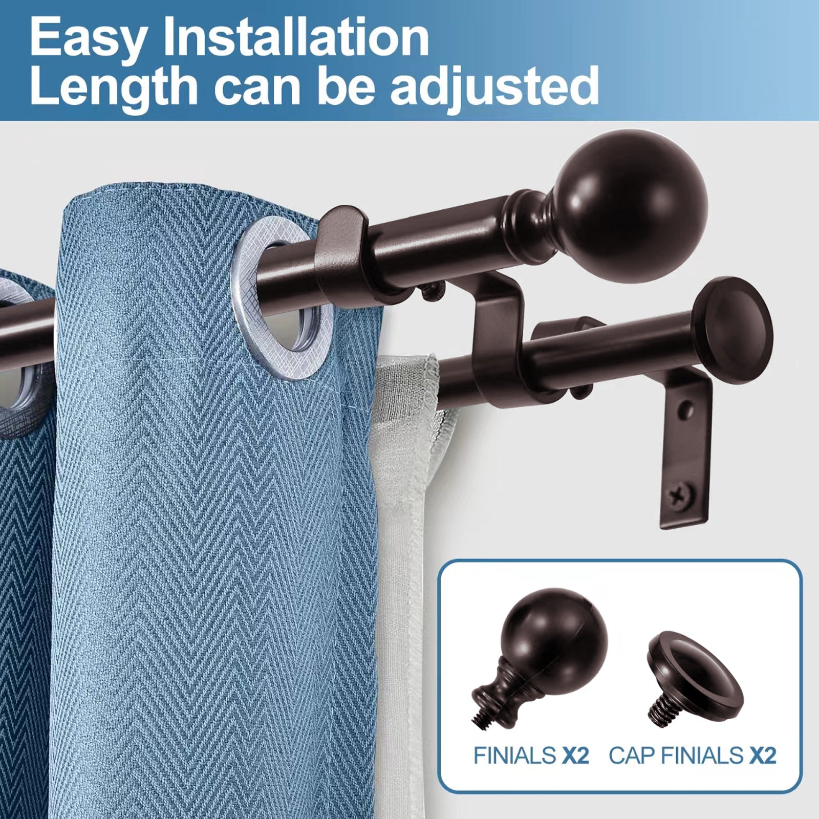 Urbanest Adjustable Double Drapery Curtain Rod Set - 48-84 Inch, Black Metal Window Treatment for Living Room & Bedroom