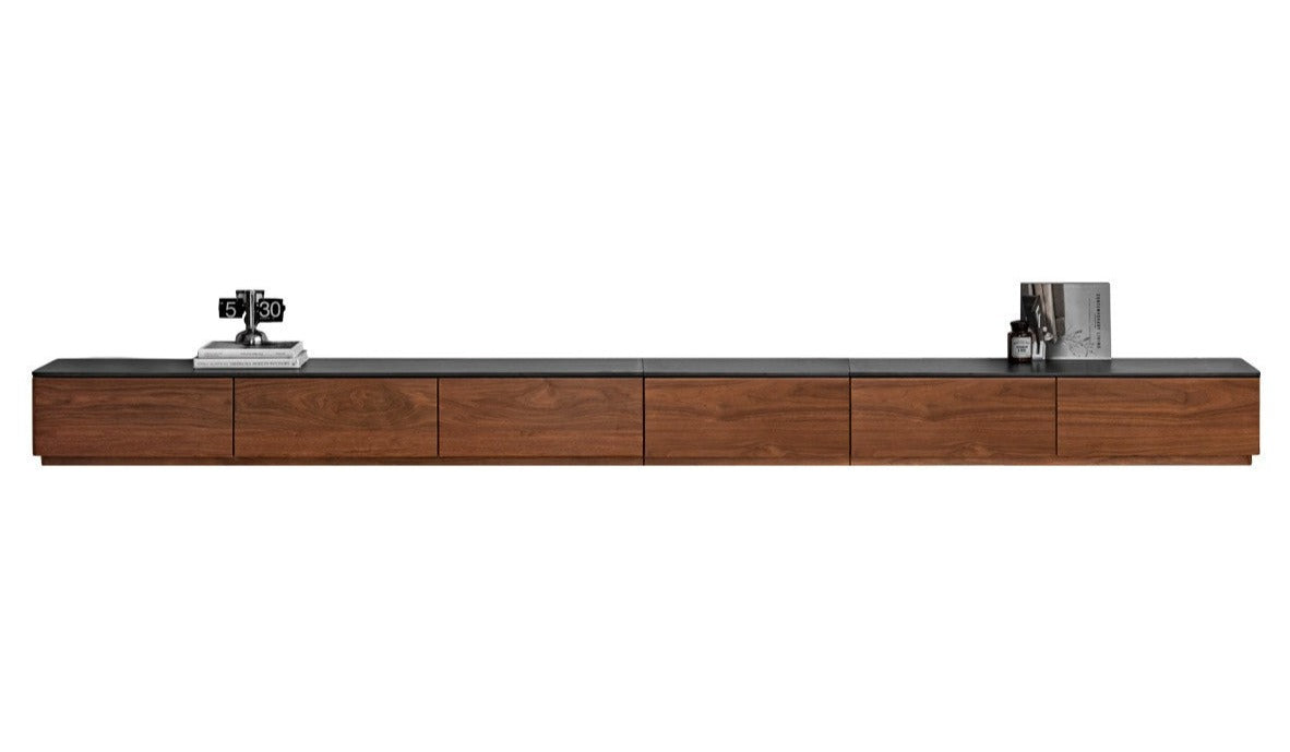 Black Walnut Solid Wood TV Stand with Rock Slab - Rustic Modern Entertainment Center for Living Room, Bedroom & Home Theater