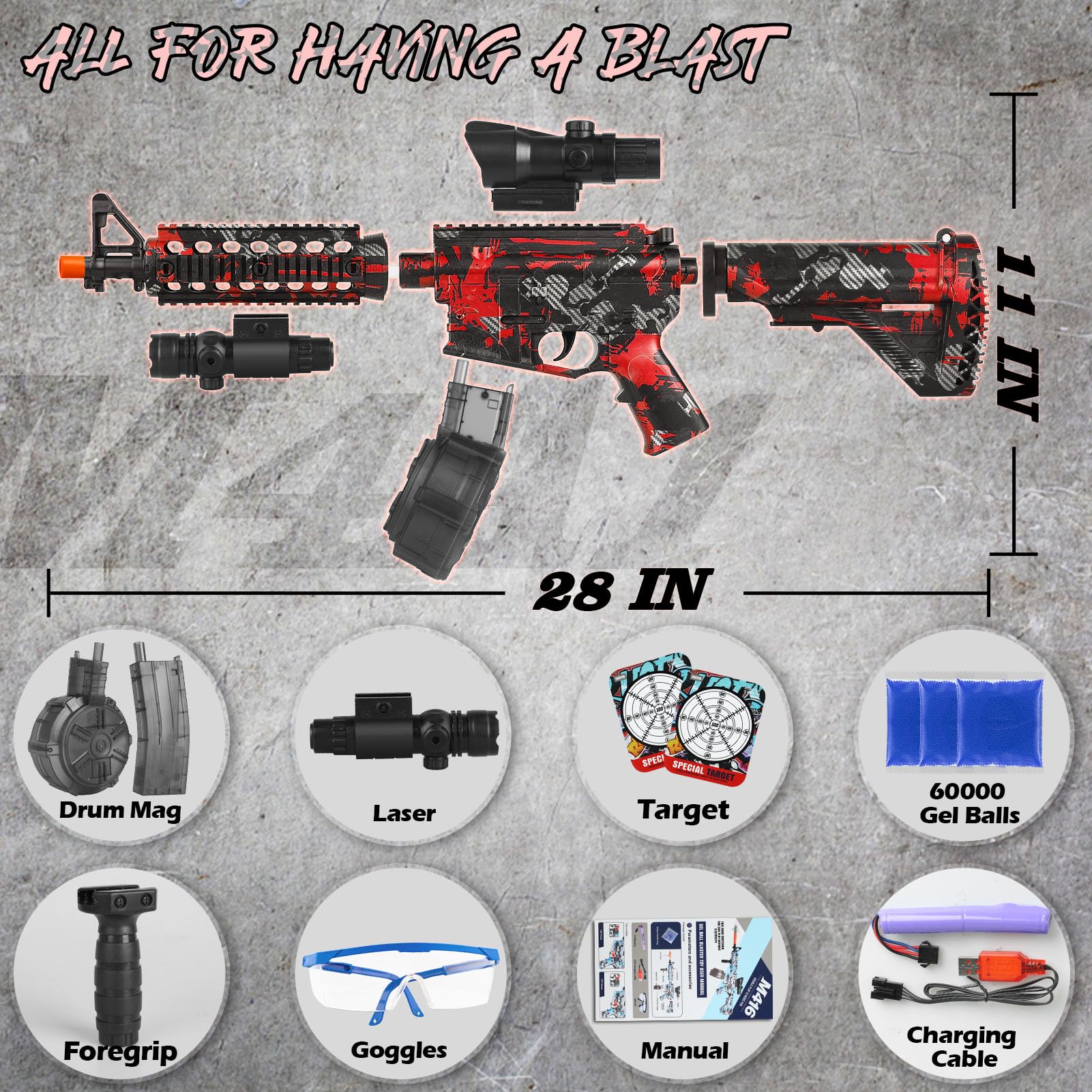 Electric Gel Splat Blaster with Drum & 60,000 Rounds - Large Splatter Gel Ball Blaster for Outdoor Games, Team Battles, and Backyard Fun - Automatic & Manual Shooting Modes for Kids & Adults