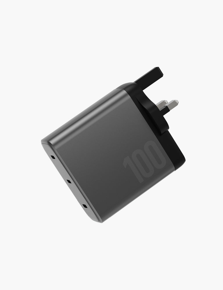 AmpCharge GaN100 Fast Charger with 3 USB-C Ports - UK Plug | Quick Charging for iPhone, Samsung, iPad & More | Perfect for Home, Office & Travel