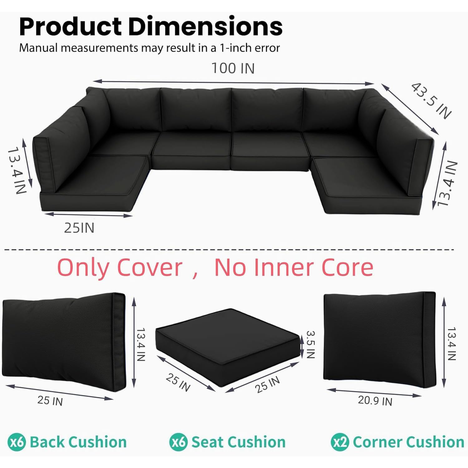 PROHIKER 14 Pack Outdoor Sofa Cushion and Pillow Covers with Zipper - Replacement Covers for 7-Piece Patio Furniture Conversation Set (Black) - Perfect for Backyard, Deck, Garden and Poolside Relaxation