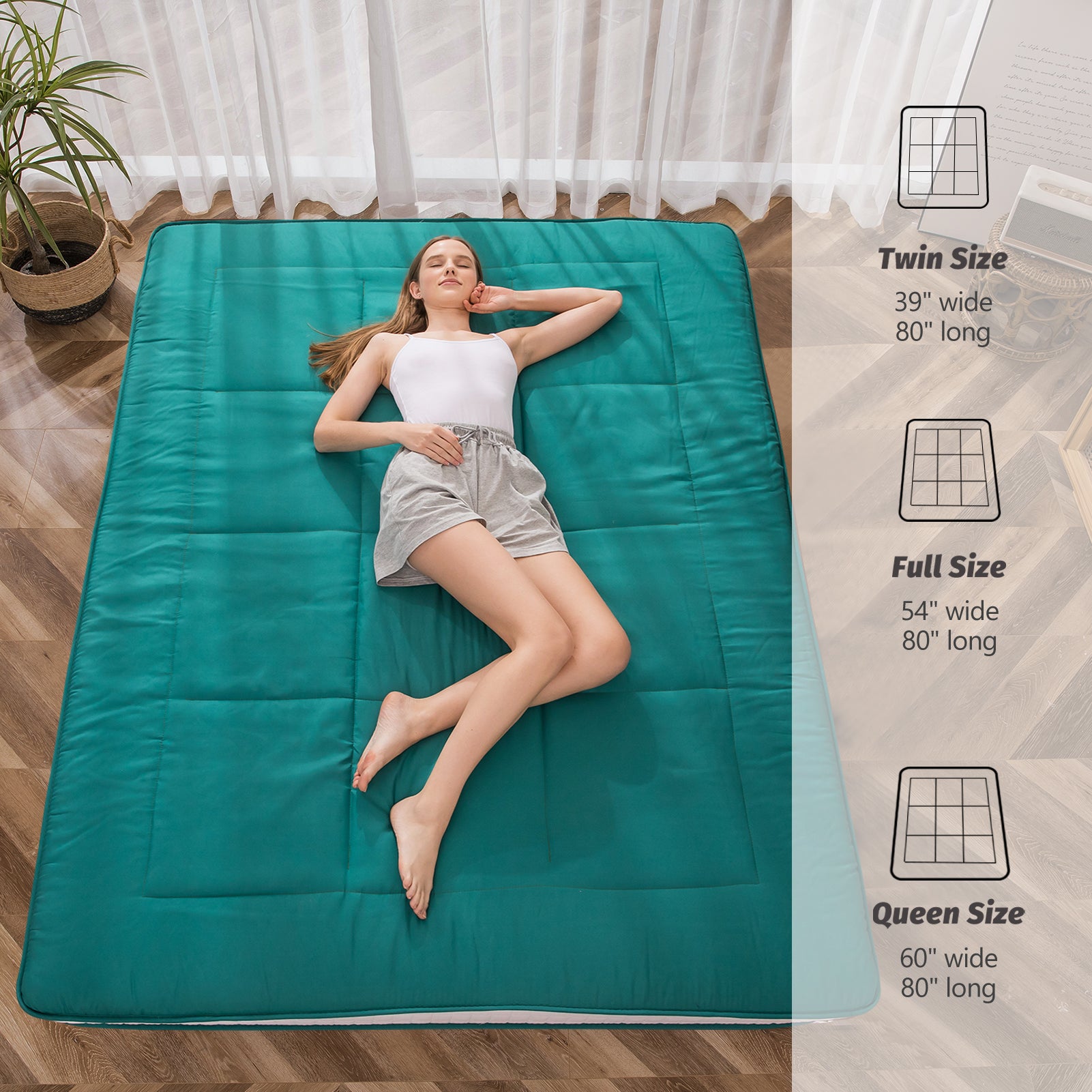 MAXYOYO Padded Japanese Floor Mattress - Multifunctional Futon Mattress in Turquoise | Comfortable Tatami Bed for Guest Room, Yoga & Meditation