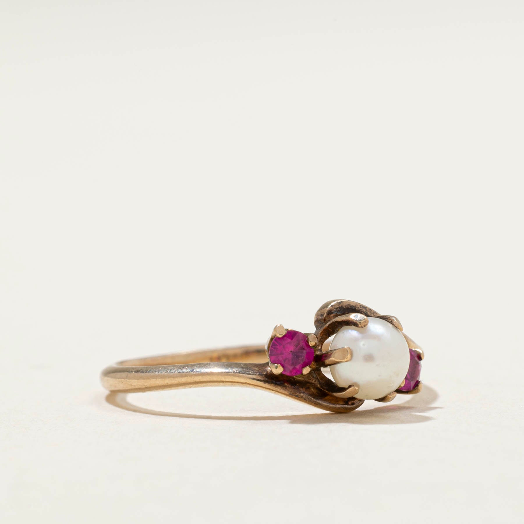 Pearl & Synthetic Ruby Bypass Ring - 0.10ctw Size 7 | Elegant Bridal Jewelry, Anniversary Gift for Her, Wedding Band, Valentine's Day Present