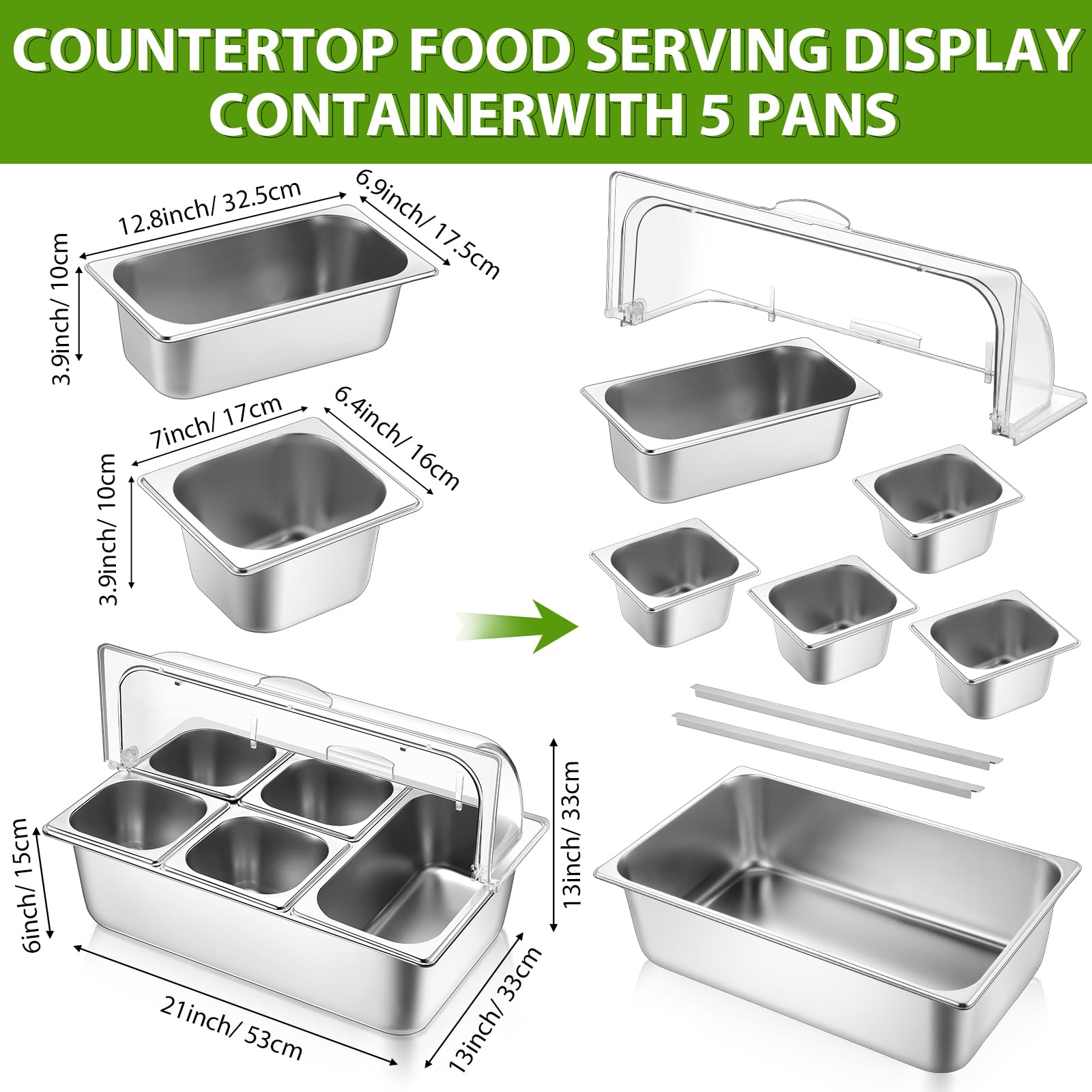 Stainless Steel Buffet Food Serving Tray with Clear Roll Top Cover - 5-Pan Countertop Display Container for Restaurants, Hotels & Parties | Perfect for Condiment Dispensing, Catering Events & Buffet Service