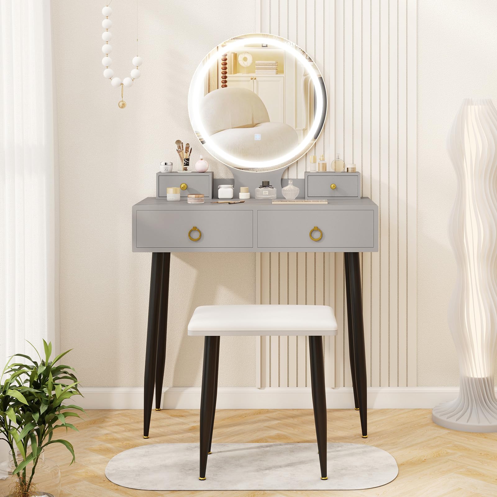 Charmaid Vanity Desk with Mirror & LED Lights - Modern Makeup Vanity Table with 4 Storage Drawers, 3 Lighting Modes & Adjustable Brightness - Gray & Black Dressing Table with Stool for Bedroom, Bathroom & Dorm Room
