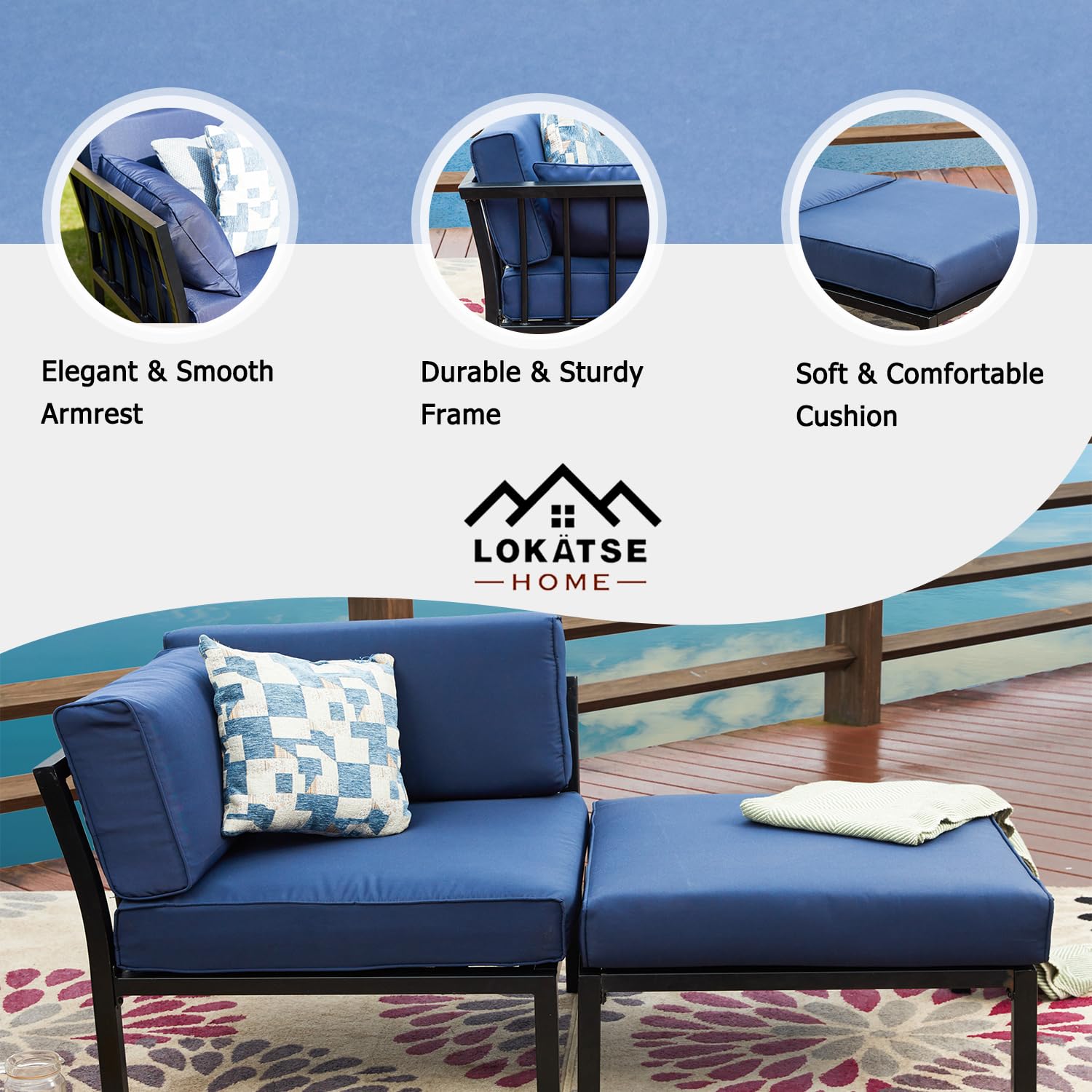 LOKATSE HOME 2-Piece Outdoor Patio Furniture Set - Blue Conversation Chairs with Corner Sofa & Ottoman - Waterproof Wicker Sectional Sofa for Garden, Backyard, Poolside & Balcony Relaxation