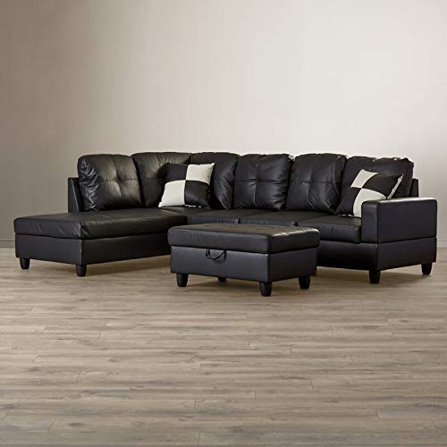 3-Piece Black Leather Sectional Sofa Set with Storage Ottoman - Left-Hand Facing Living Room Couch for Apartment, Bedroom & Small Spaces - Modern Comfortable Seating for Family Gatherings & Movie Nights