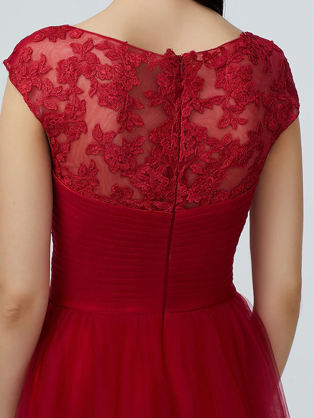 Elegant A-Line Bridesmaid Dress with V-Neck & Short Sleeves - Sparkle & Shine Floor-Length Lace Tulle Gown with Pleats | Perfect for Weddings, Formal Events & Special Occasions