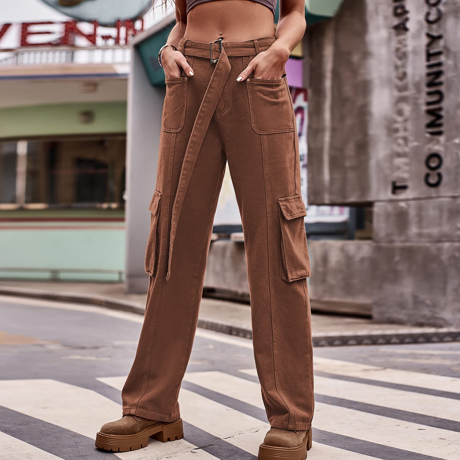 SMIDOW Women's Y2K Baggy Cargo Pants - High Waisted Straight Leg Jeans with Multiple Pockets for Business, Work & Casual Wear | Trendy Street Style Outfits & Office Fashion