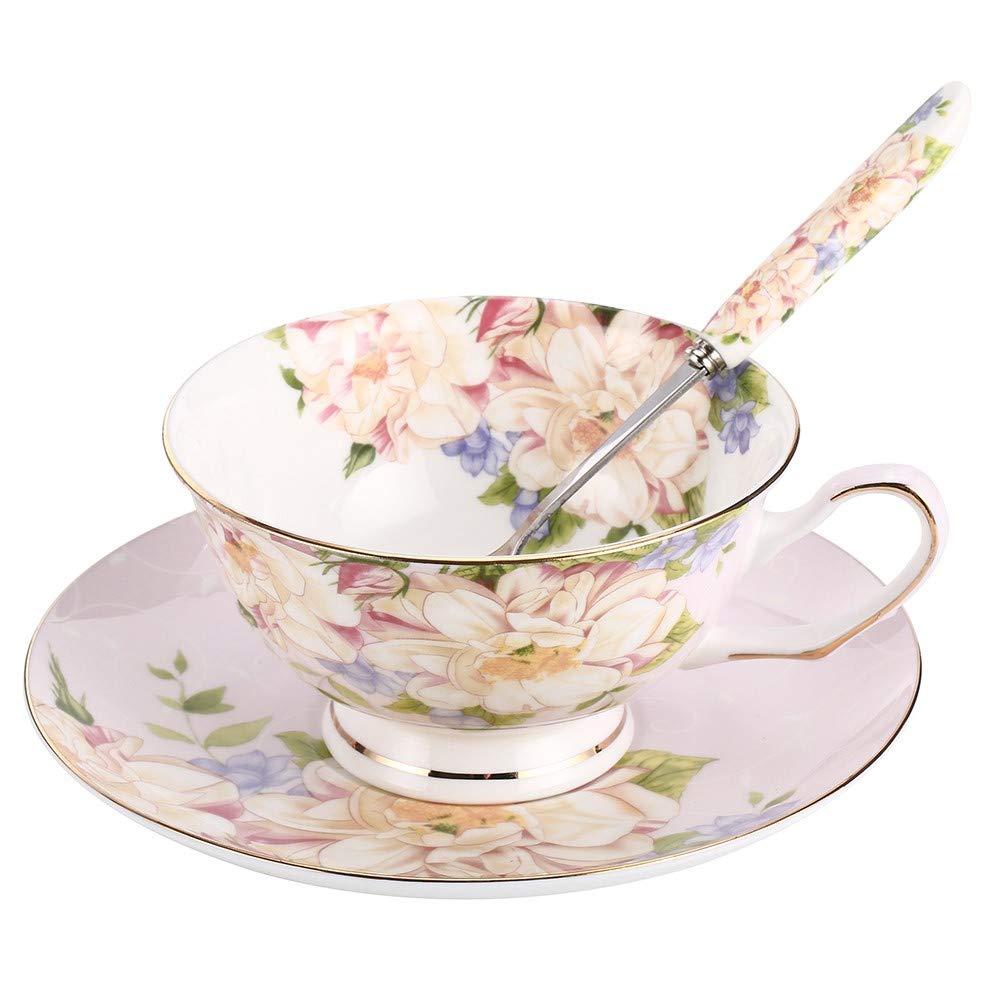 Elegant Pink Floral Bone China Tea Cup and Saucer Set - 7oz Porcelain Coffee & Tea Drinking Set for Afternoon Tea, Bridal Shower, and Home Decor