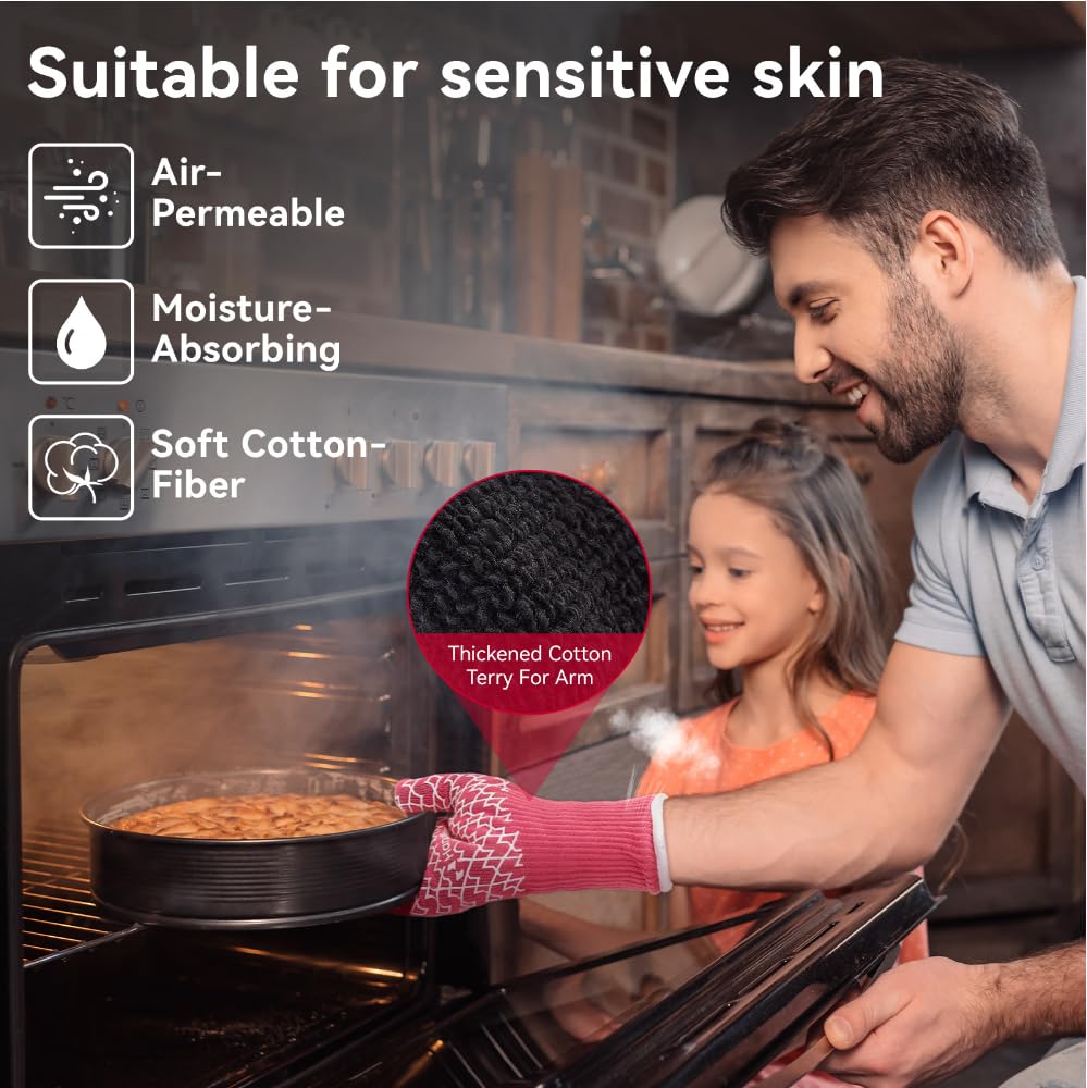 Heat Resistant BBQ Gloves - Fireproof Grilling & Oven Mitts for Professional Chefs & Home Cooks - Silicone Grip, Extended Cuff Protection - Perfect for Outdoor Barbecue, Camping, Baking & Kitchen Cooking (Pink)