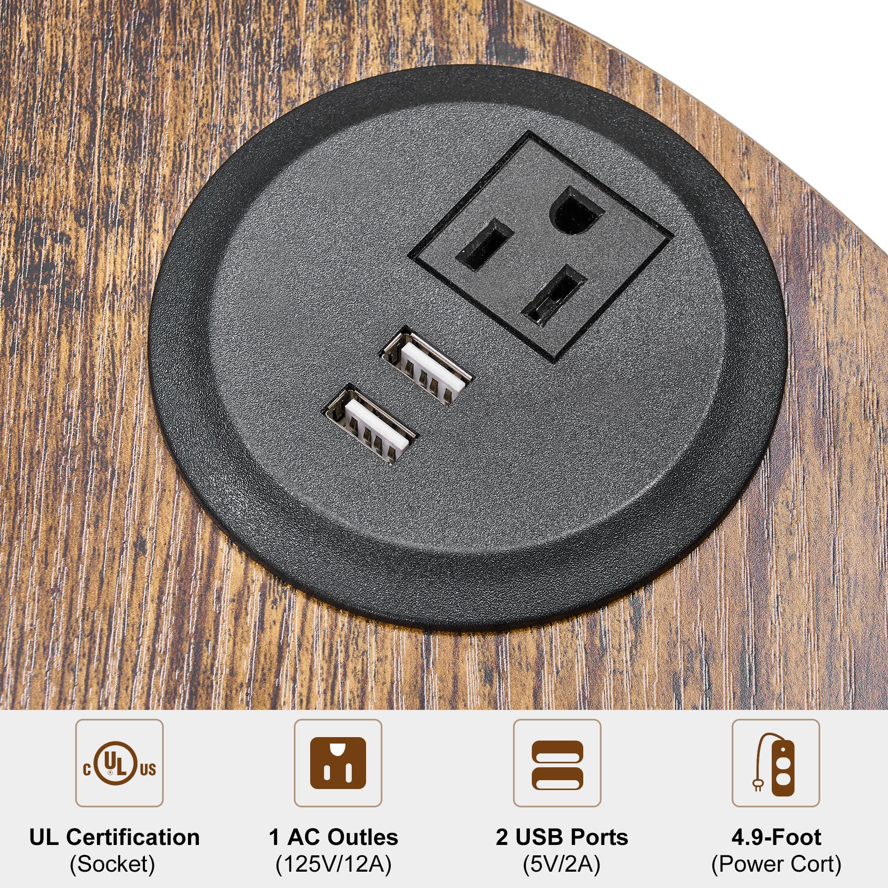 BEWISHOME Round End Table with Charging Station - 3-Tier Shelves Accent Side Table, Nightstand for Bedroom, Living Room, Office - Rustic Brown Small Coffee Table for Home Decor & Convenient Charging