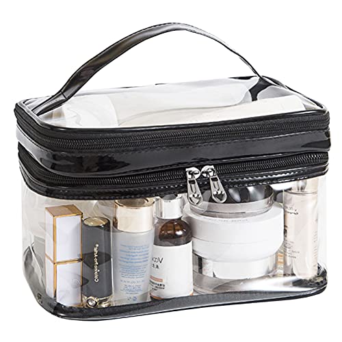 ANEMEL Clear Cosmetic Bag - Dual Layer Travel Toiletry Organizer with Waterproof Brushes Holder (Black) | Perfect for Makeup Storage, Travel Essentials & Bathroom Organization
