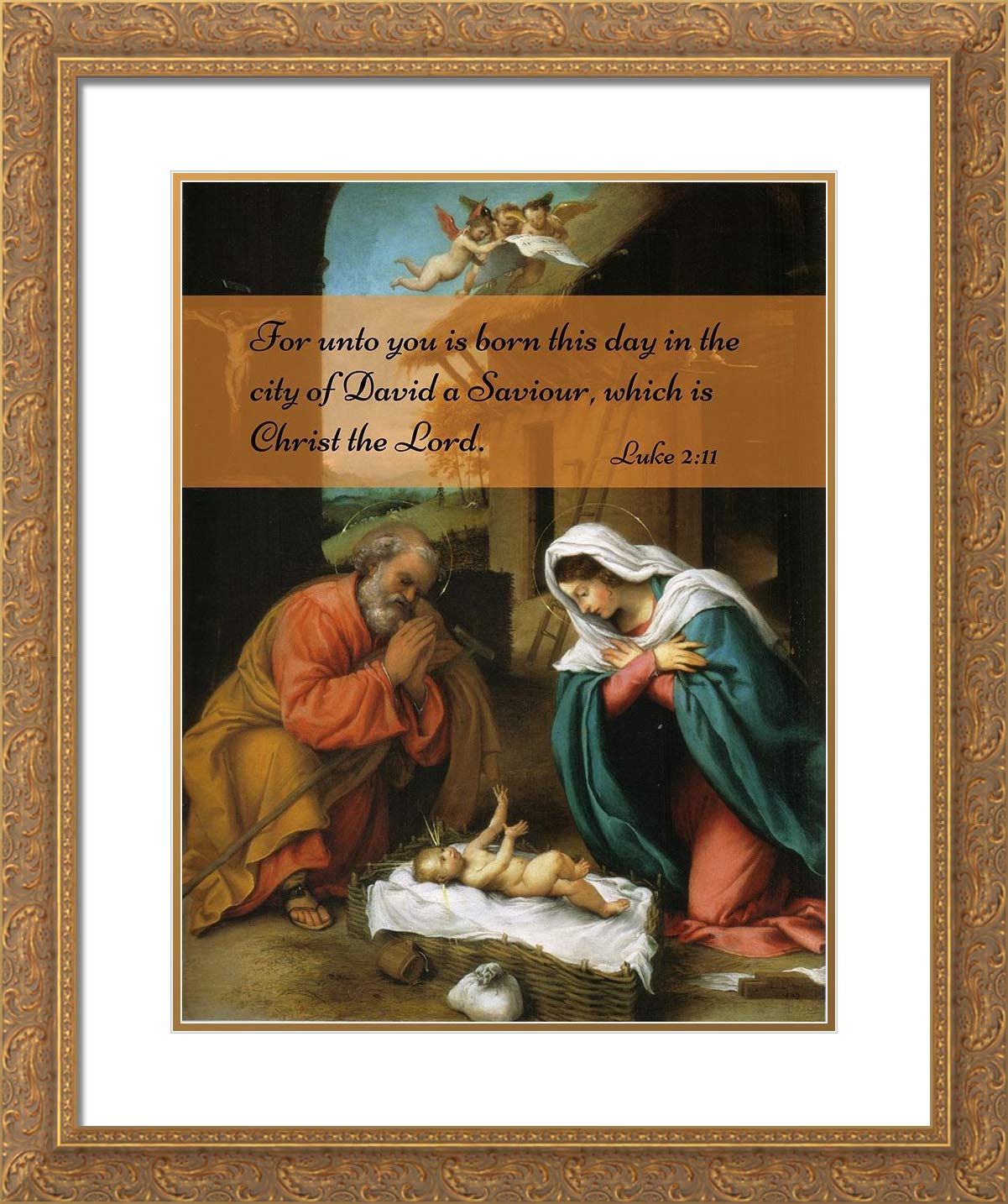 Lorenzo Lotto Nativity Bible Verse Print in Gold Frame - Home & Church Decor