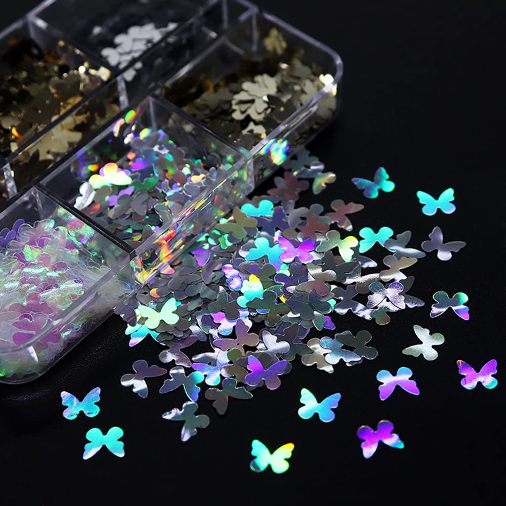 3D Holographic Butterfly Nail Art Glitters & Sequins - Sparkly Acrylic Nail Decorations for Women - Perfect for DIY Nail Art, Manicures, Pedicures & Nail Crafting Parties
