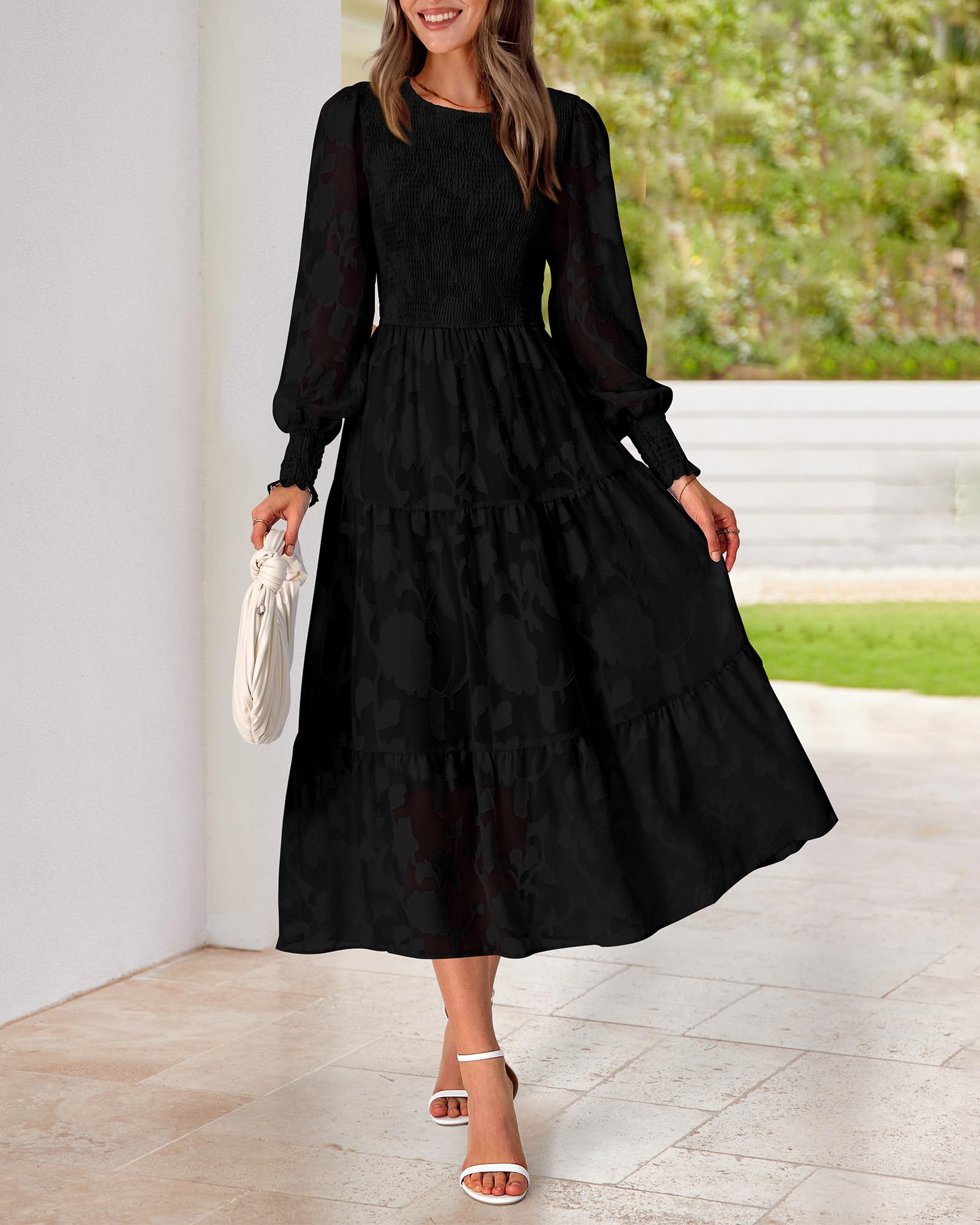 BTFBM Elegant Floral Midi Dress for Women - Long Sleeve Bohemian Wedding Guest Dress - Spring 2025 Casual Flowy Dress for Garden Parties, Bridal Showers & Special Occasions