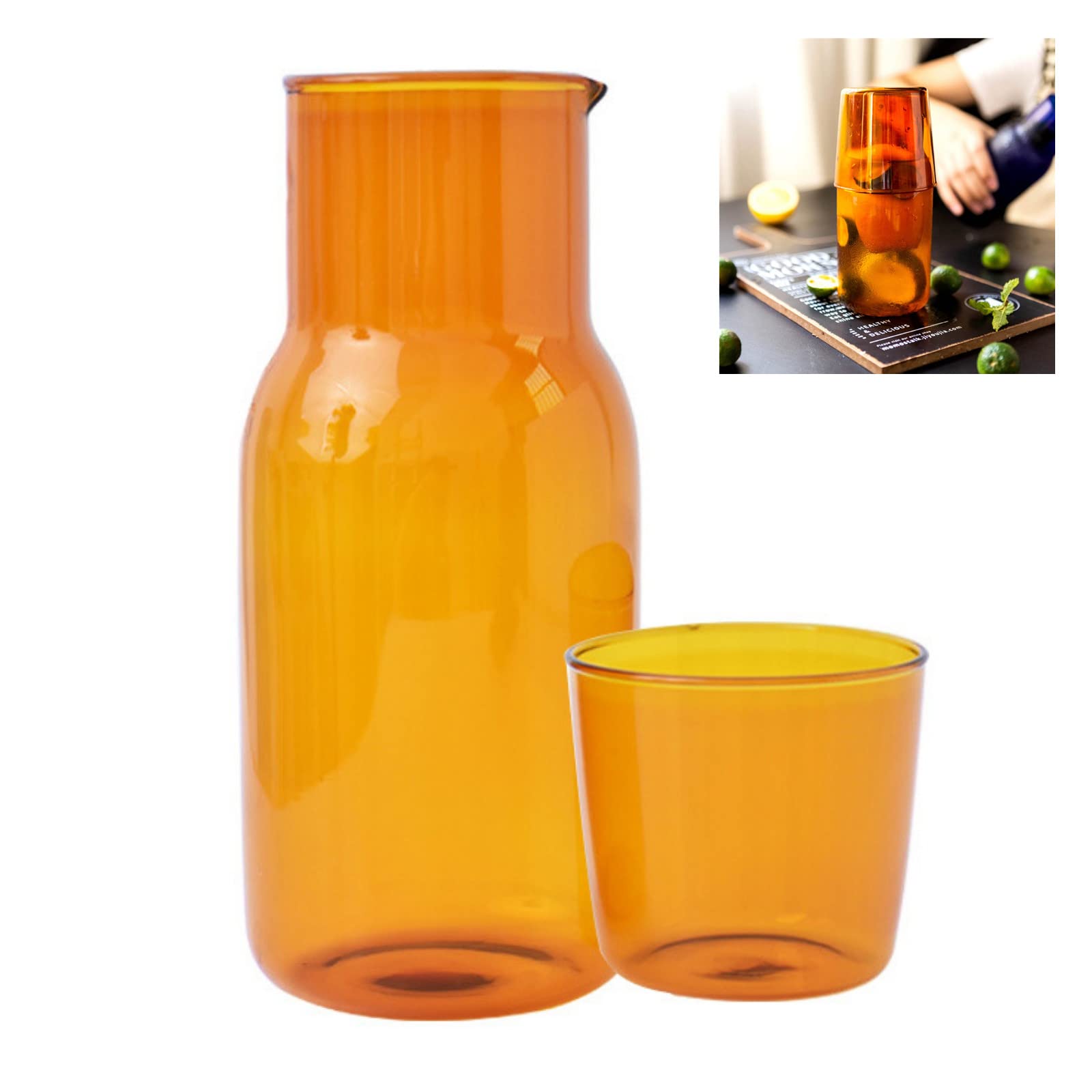 17.5 oz Heat-Resistant Glass Water Carafe with Cup - Bedside Pitcher Set for Juice, Lemonade, Beverages & Mouthwash - Easy to Clean Nightstand Dispenser for Bedroom, Office & Hotel Use