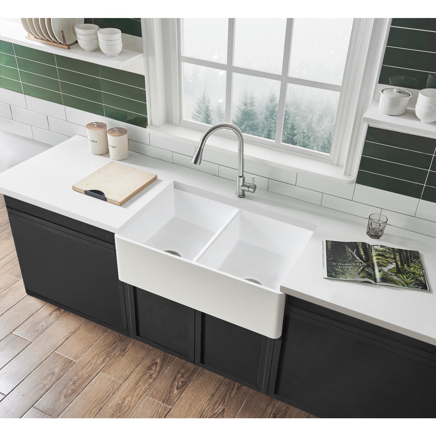 Arcticstone 36 Inch White Farmhouse Kitchen Sink - Double Bowl Apron Front Solid Surface Sink with 2 Strainers (Matte/Glossy Finish) - Perfect for Modern Farmhouse, Rustic & Traditional Kitchen Designs