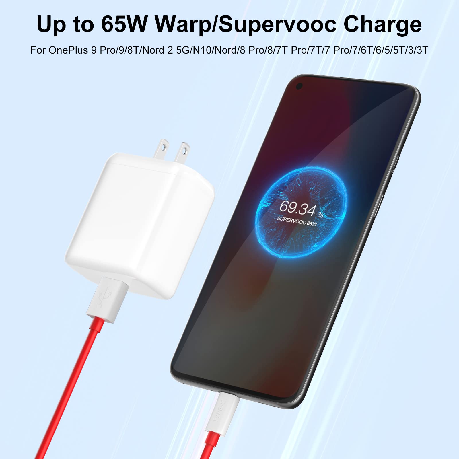 COOYA 65W Warp Charger for OnePlus 9 Pro/9/8T, SUPERVOOC/Warp/Dash Fast Charging for OnePlus Open/10 Pro/8/7T/7 Pro/7/6T/6/5/5T/Pad/Nord N30 - Includes 3.3ft USB A to C Cable - Perfect for Home, Office & Travel Fast Charging Needs