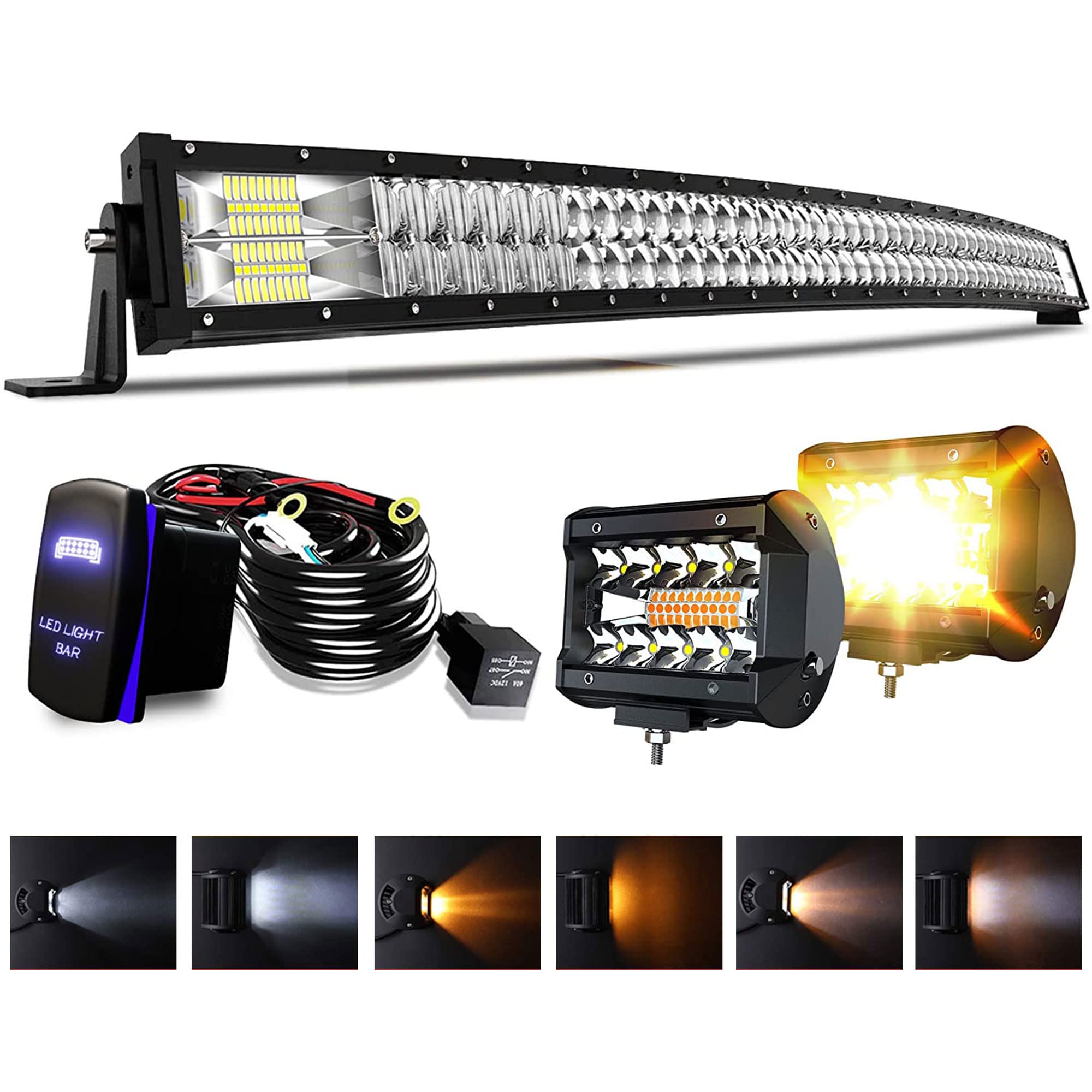 ASLONG 52 Inch 300W LED Light Bar with Spot Flood Combo Beam - 2Pcs 4 Inch White/Amber LED Pod Fog Lights - Wiring Harness & Rocker Switch - Offroad Driving Lights for Trucks, Pickups, Jeeps, ATVs - Perfect for Night Driving, Camping, Hunting & Off-Road Adventures