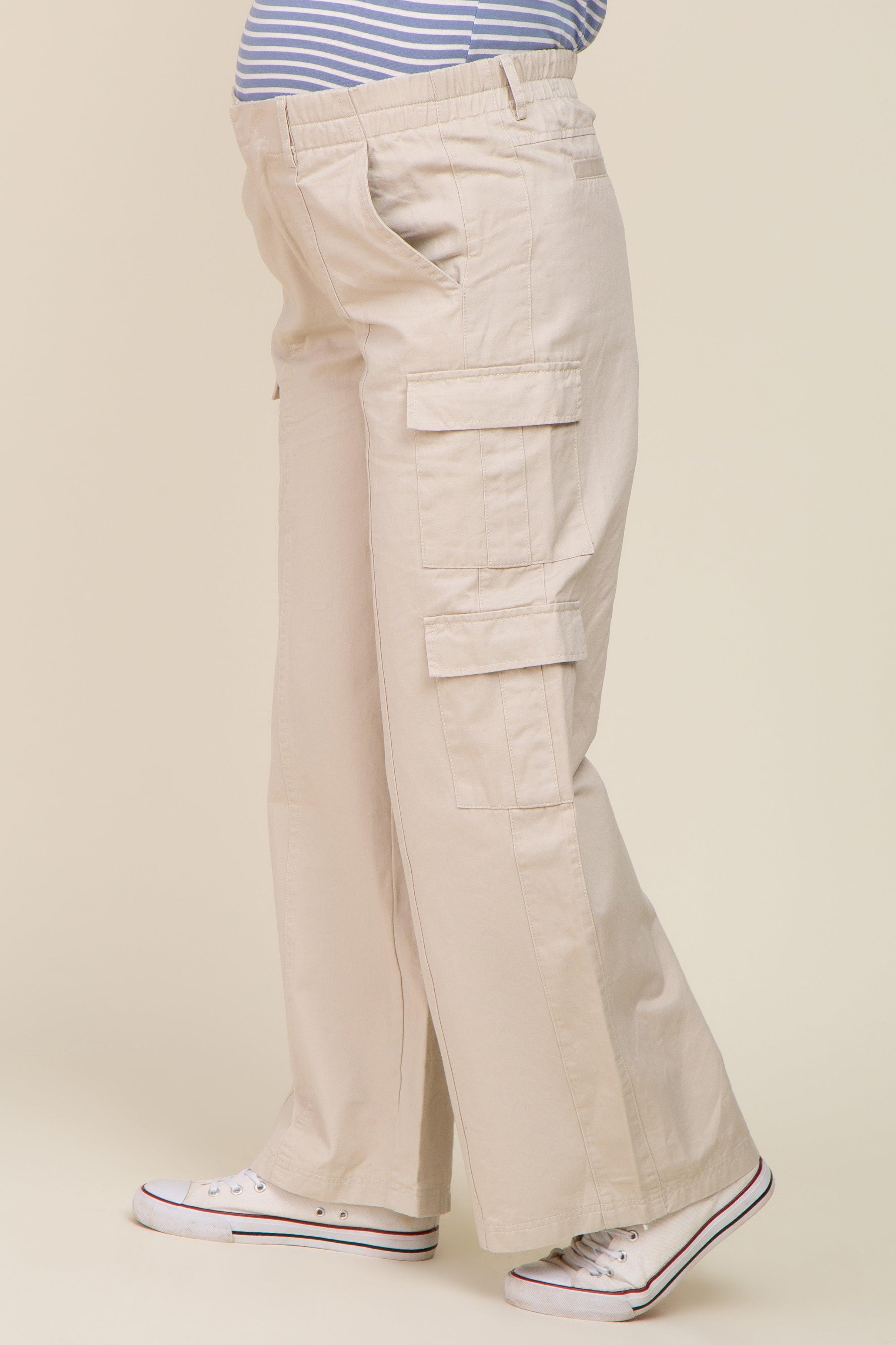 Beige Maternity Cargo Pants for Women - Stretchy Double Pocket Wide Leg Pregnancy Pants | Comfortable Work & Casual Wear for Expecting Moms