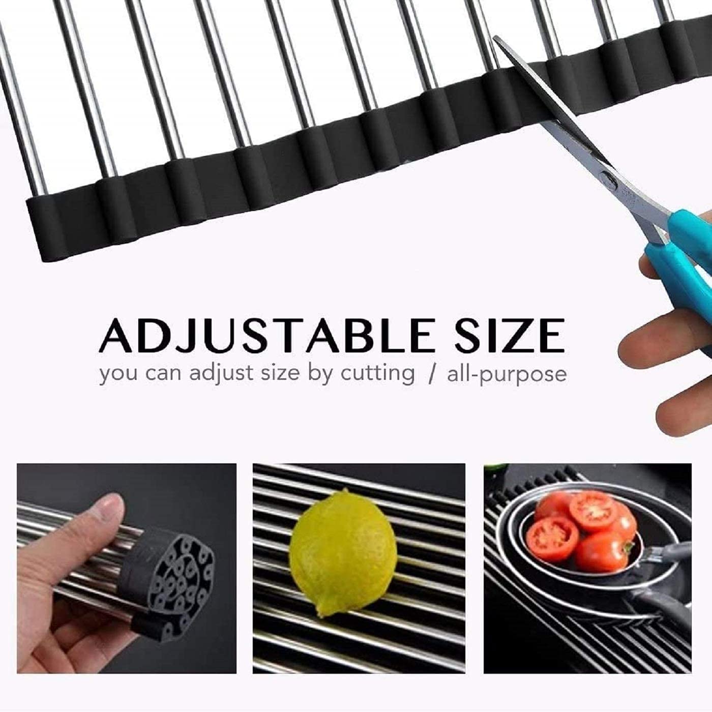SCILLA Stainless Steel Roll Up Foldable Over The Sink Dish Drying Rack - Adjustable Multipurpose Drainer for Washing Dishes, Utensils, Crockery, Fruits & Vegetables - Space Saving Kitchen Organizer (Multicolor) - Perfect for Small Kitchens, RVs, Camping & Dorm Rooms