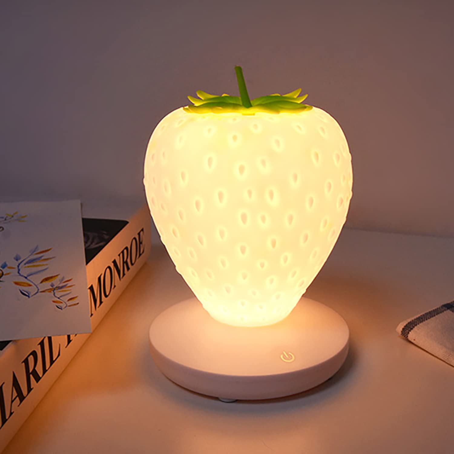 AMZSTAR Cute Silicone Strawberry LED Night Light - Rechargeable Touch Control Kids Bedside Lamp with 3 Lighting Modes for Nursery, Bedroom, Kids Room & Festival Decor (White) - Perfect for Bedtime Stories, Nighttime Feedings & Creating Cozy Atmosphere